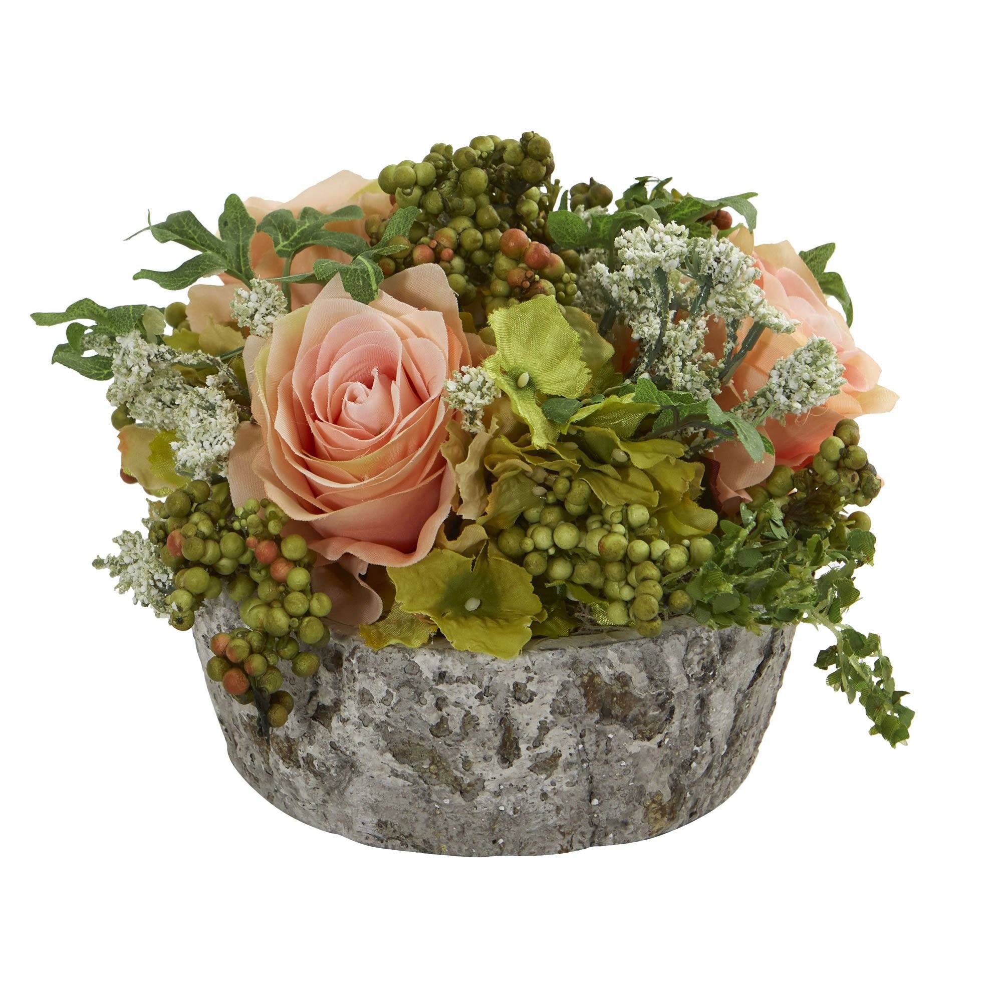 Roses Bouquet Artificial Arrangement in Oak Vase - Image 2