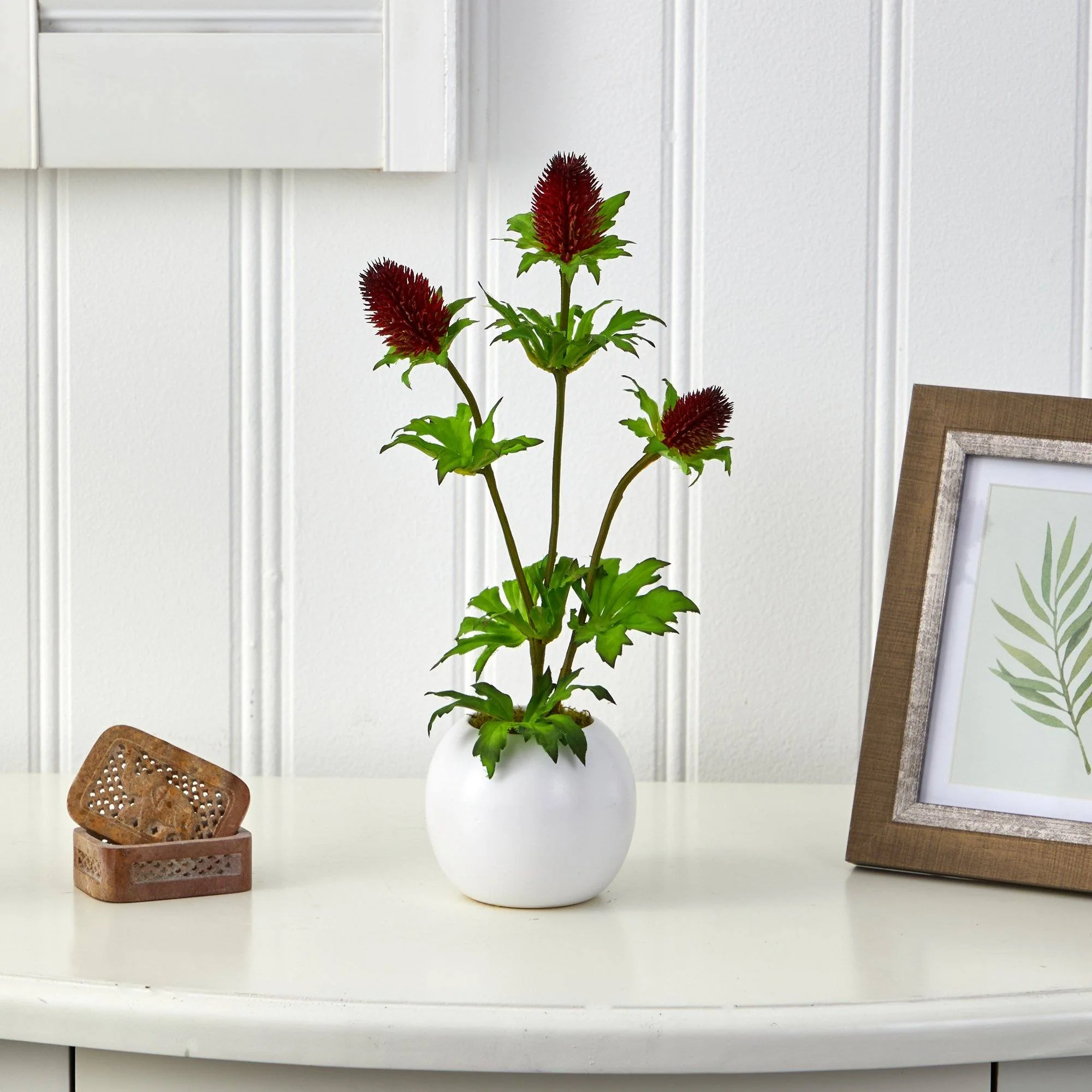 14” Thistle Artificial Arrangement in White Vase - Image 2
