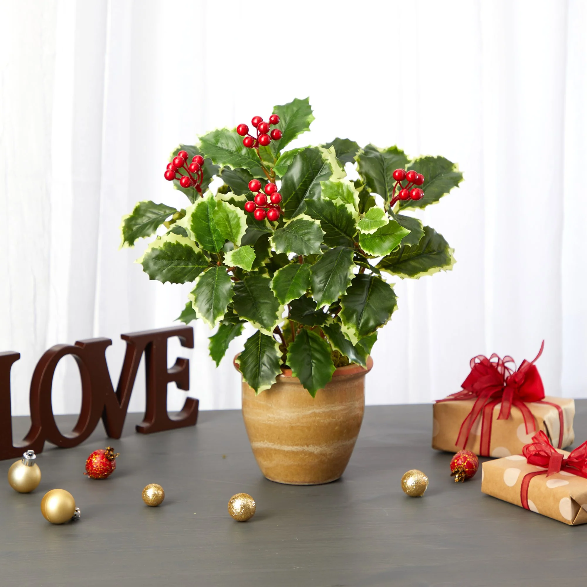 14” Variegated Holly Leaf Artificial Plant in Ceramic Planter (Real Touch) - Image 3