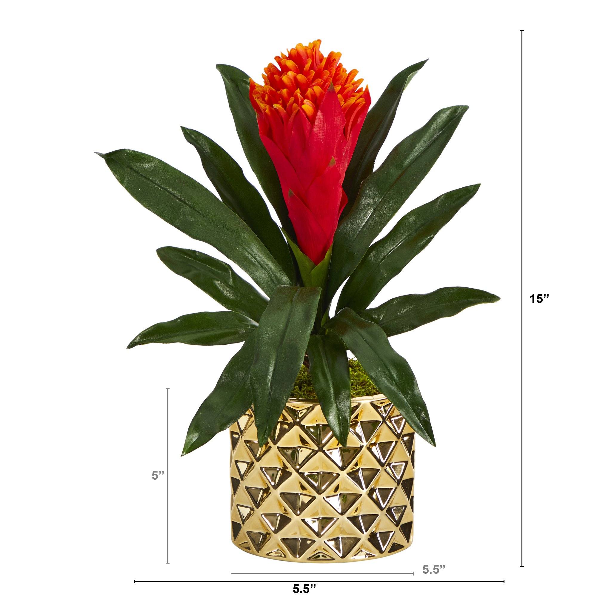 15” Bromeliad Artificial Plant in Gold Planter - Image 2