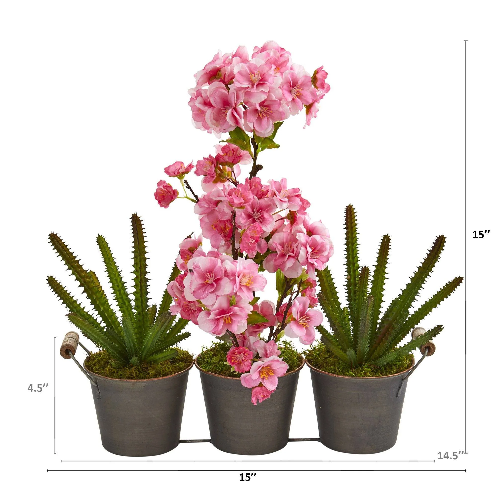 15” Cherry Blossom and Cactus Artificial Arrangement in Trio Metal Vase - Image 2