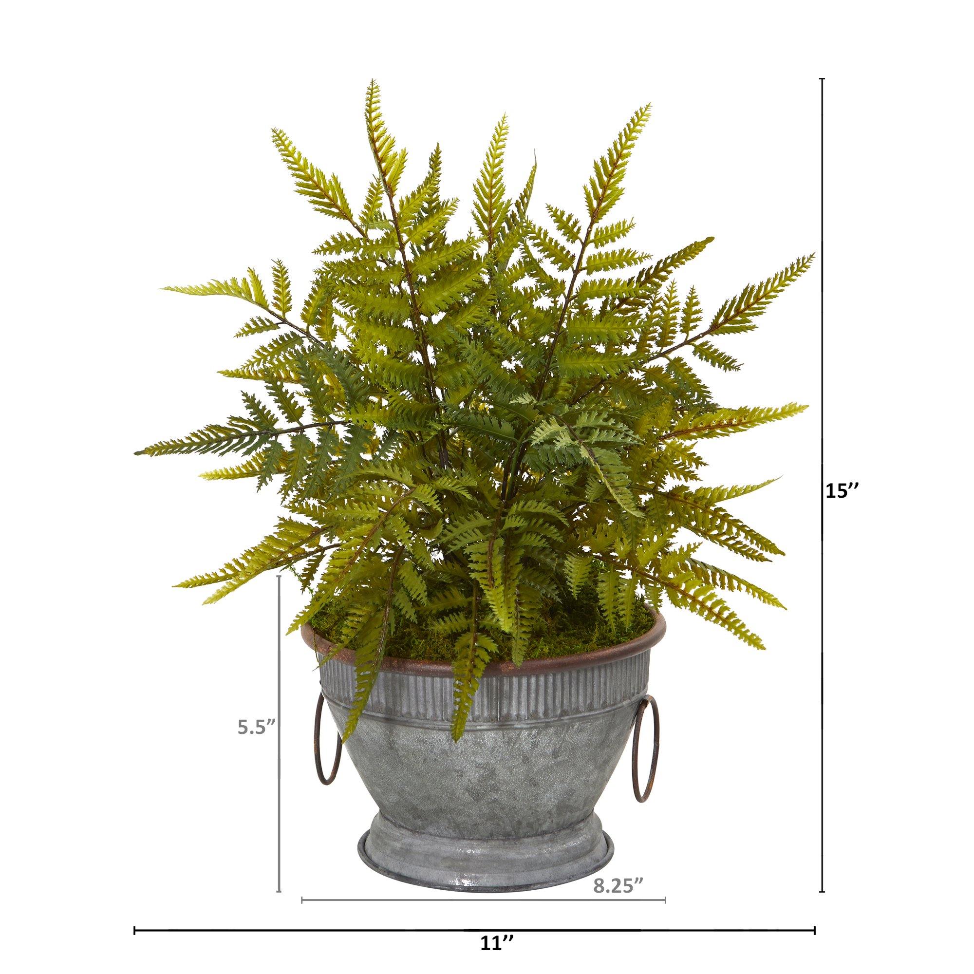 15” Fern Artificial Plant in Vintage Metal Bowl with Copper Trimming - Image 2