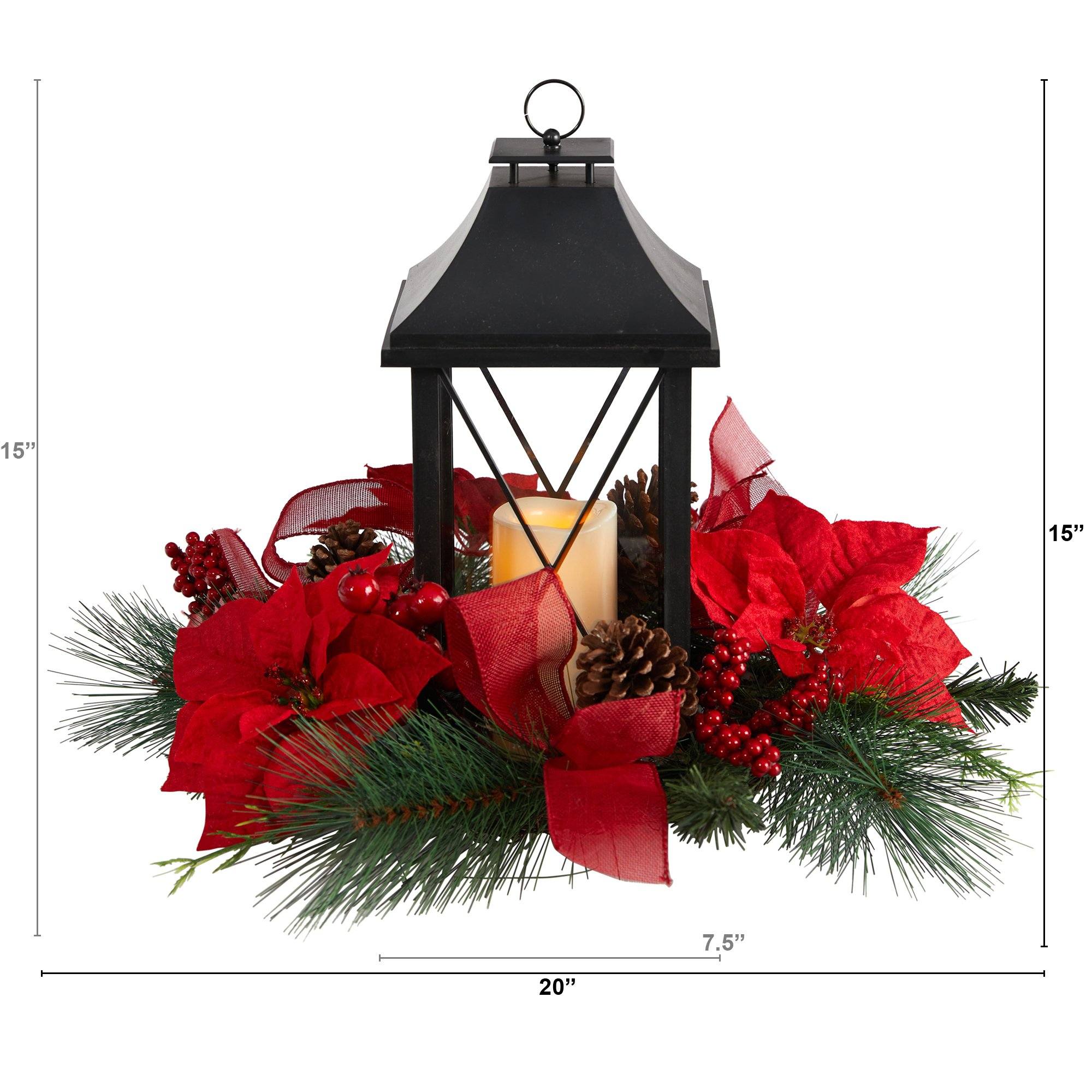 15” Holiday Poinsettia, Pinecone and Greenery with Lantern and LED Candle Table Arrangement - Image 2