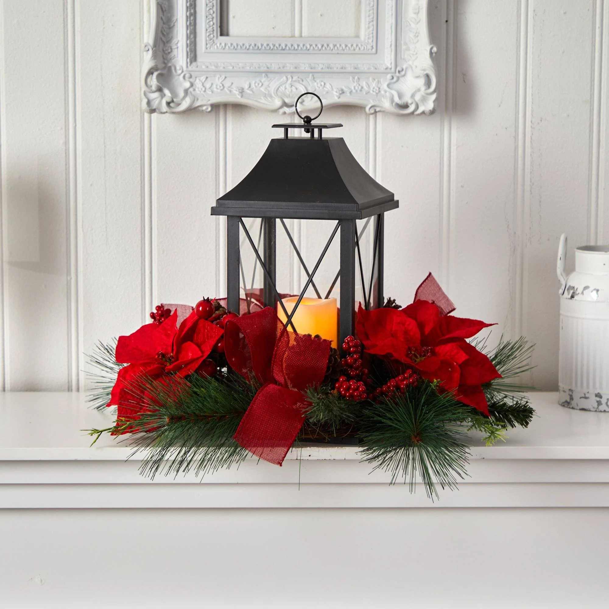 15” Holiday Poinsettia, Pinecone and Greenery with Lantern and LED Candle Table Arrangement - Image 3