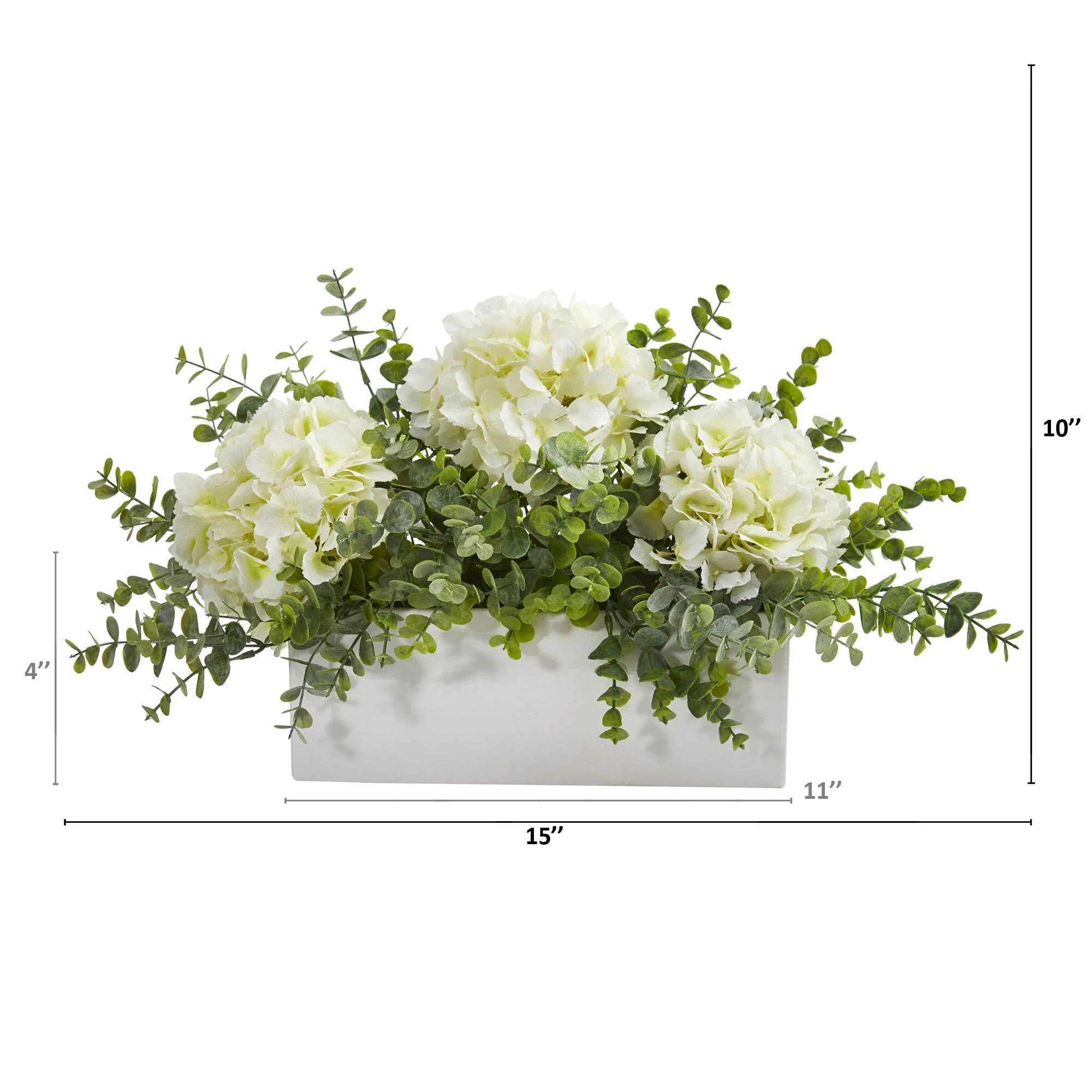 15” Hydrangea and Eucalyptus Artificial Arrangement in White Vase - Image 2