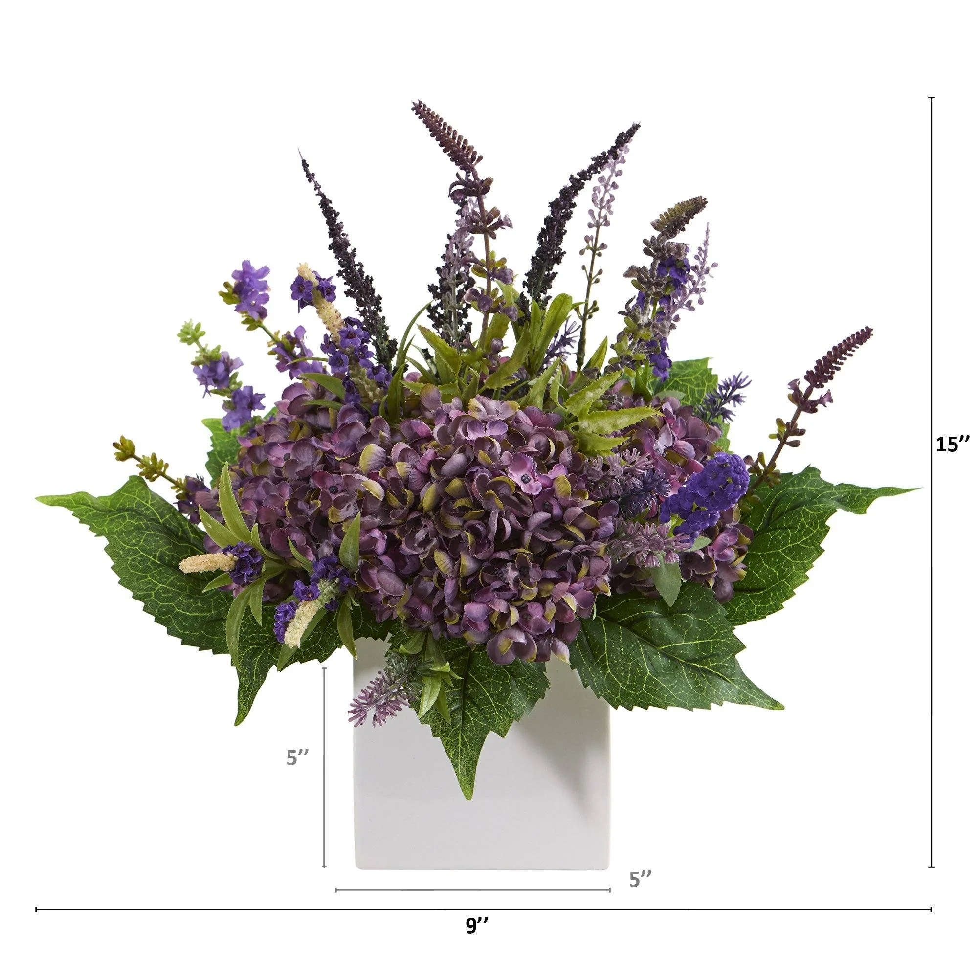 15” Hydrangea and Lavender Artificial Arrangement in White Vase - Image 2