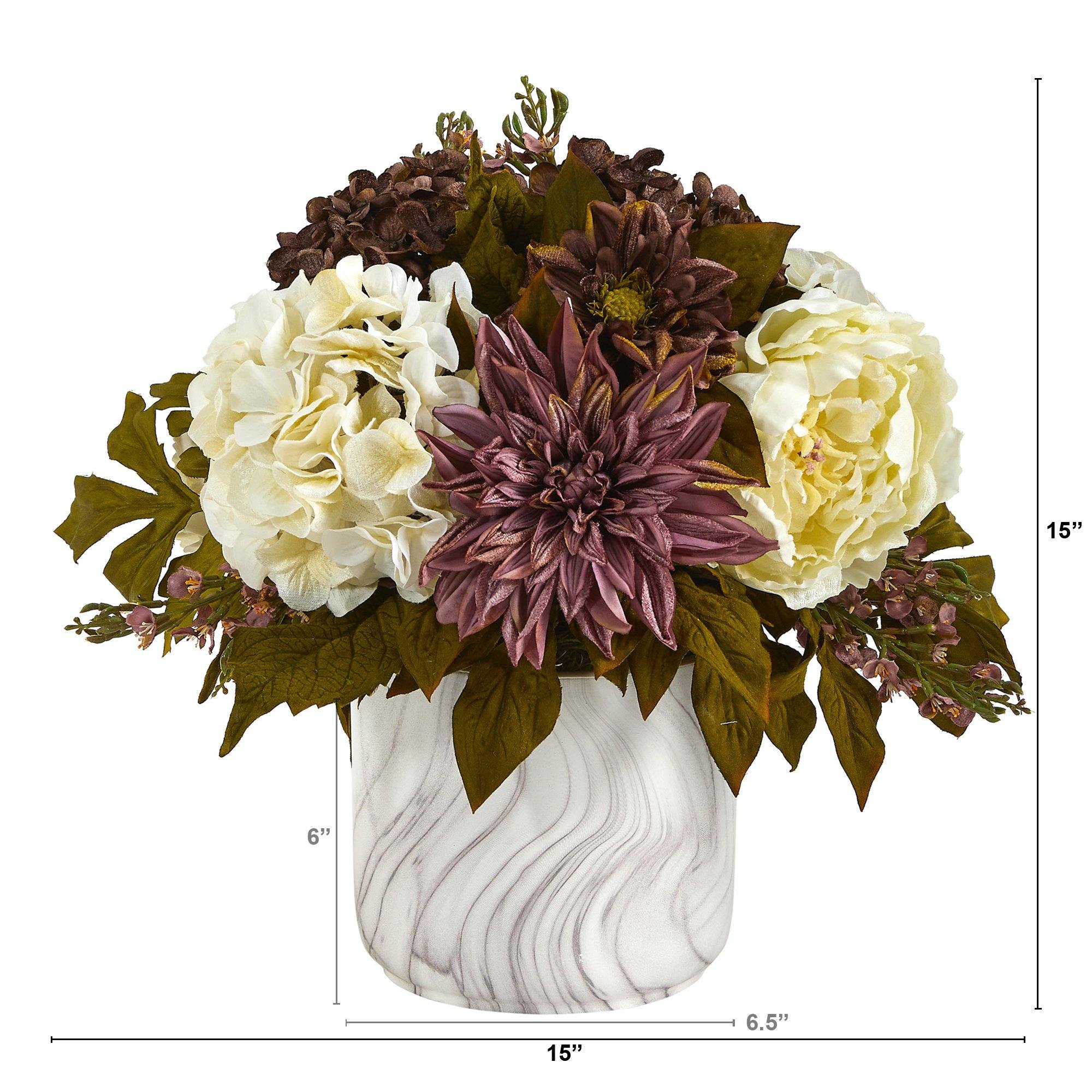 15” Peony, Hydrangea and Dahlia Artificial Arrangement in Marble Finished Vase - Image 3