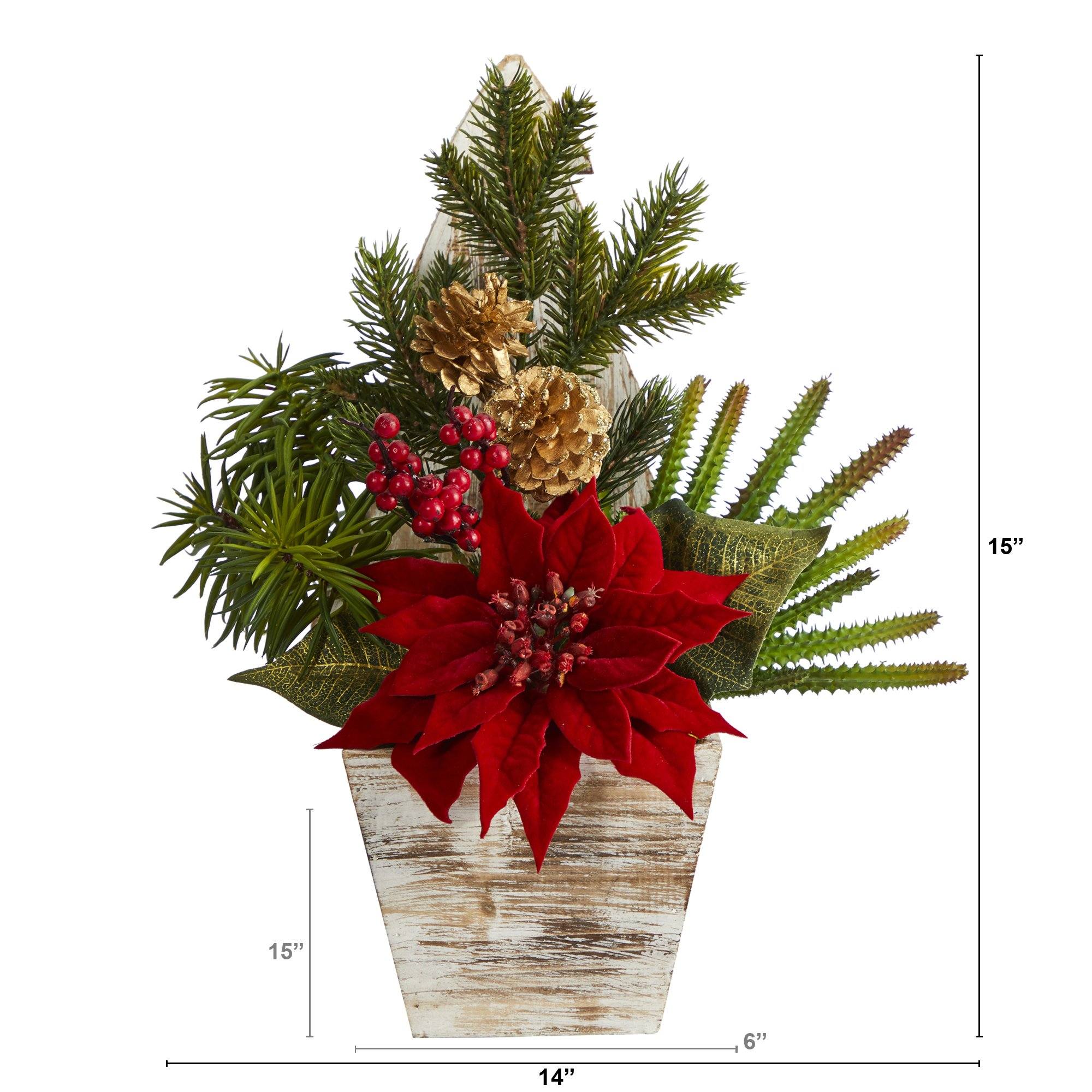 15” Poinsettia, Cactus and Succulent Artificial Arrangement in Christmas Tree Planter - Image 2