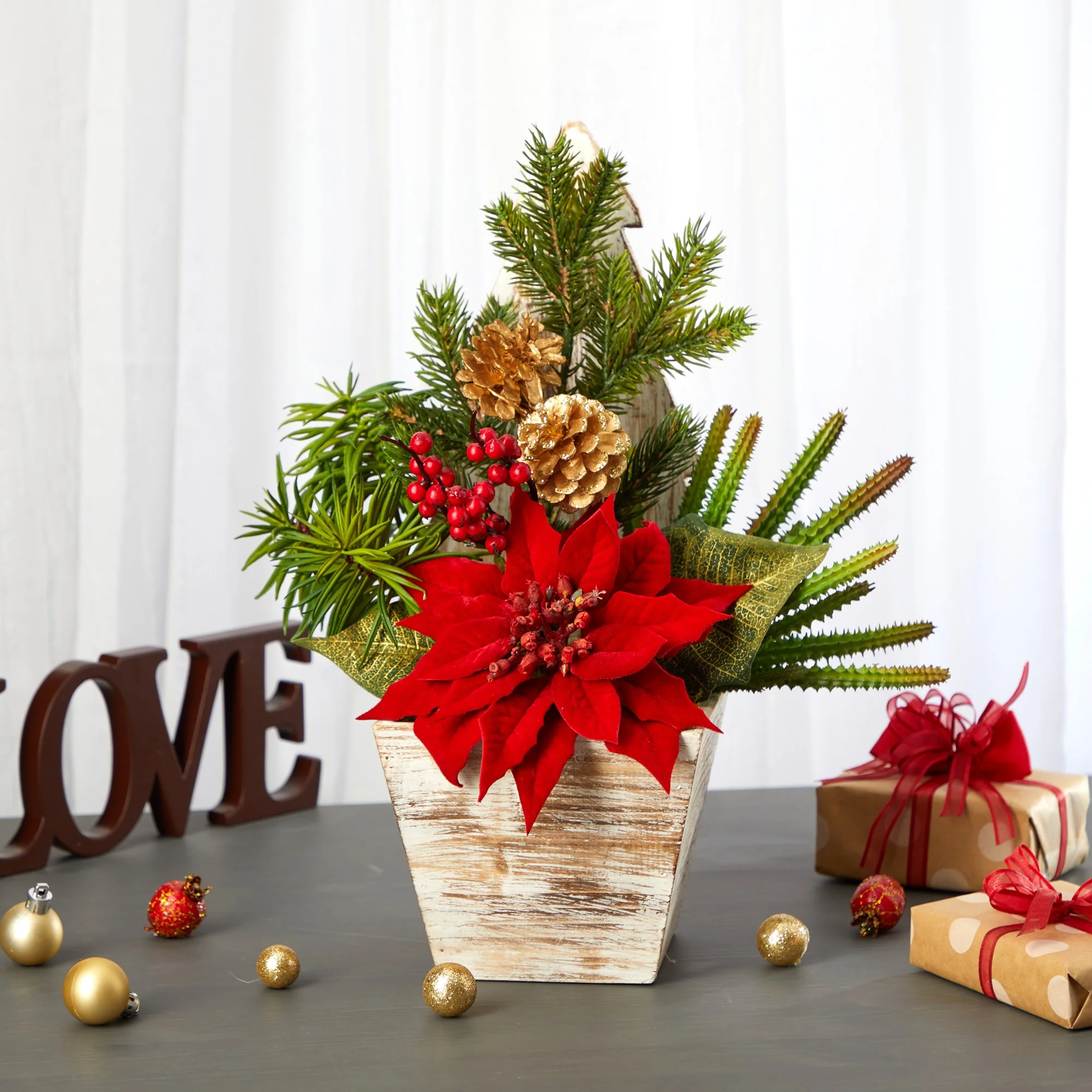 15” Poinsettia, Cactus and Succulent Artificial Arrangement in Christmas Tree Planter - Image 5