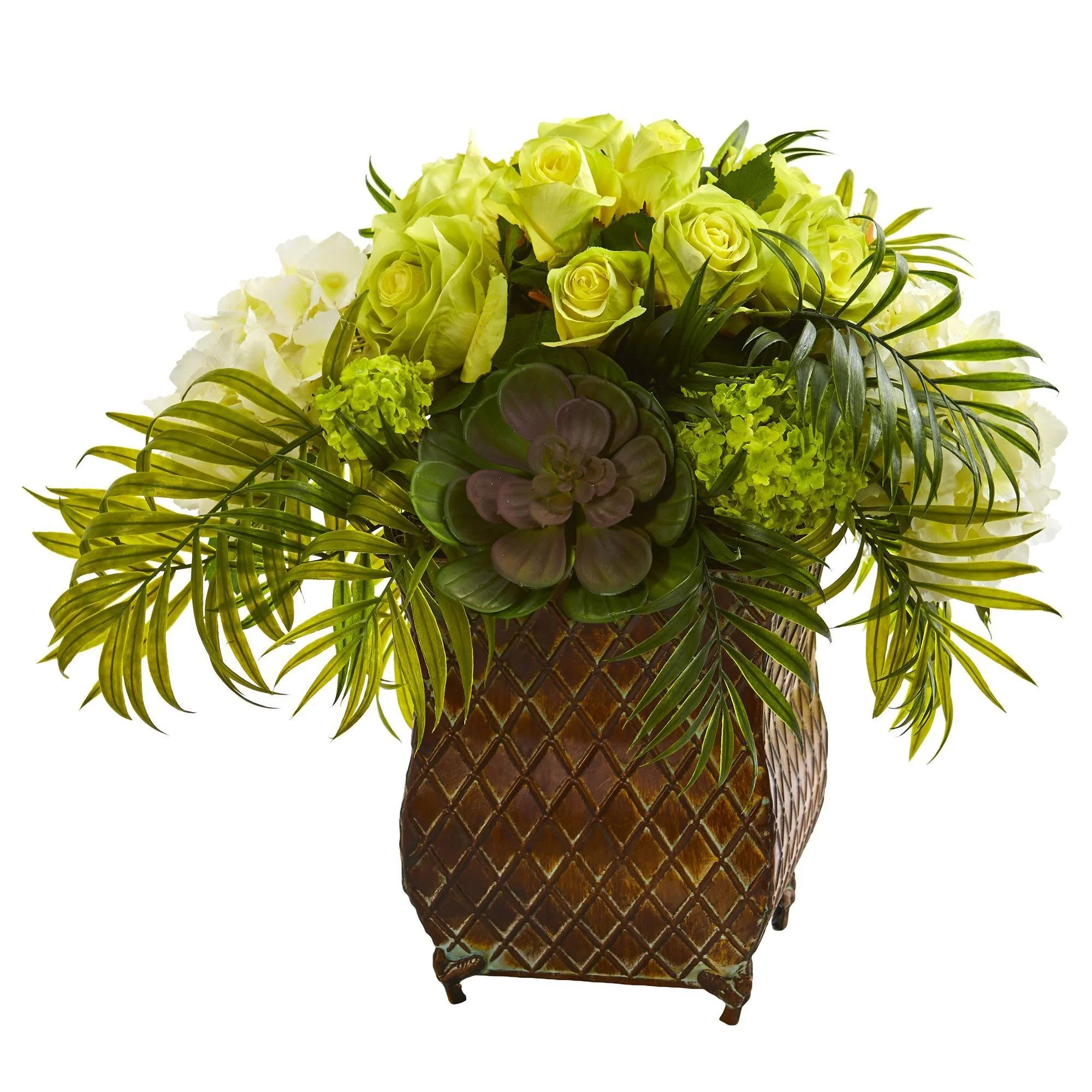 Roses and Hydrangea Artificial Arrangement in Metal Planter - Image 3