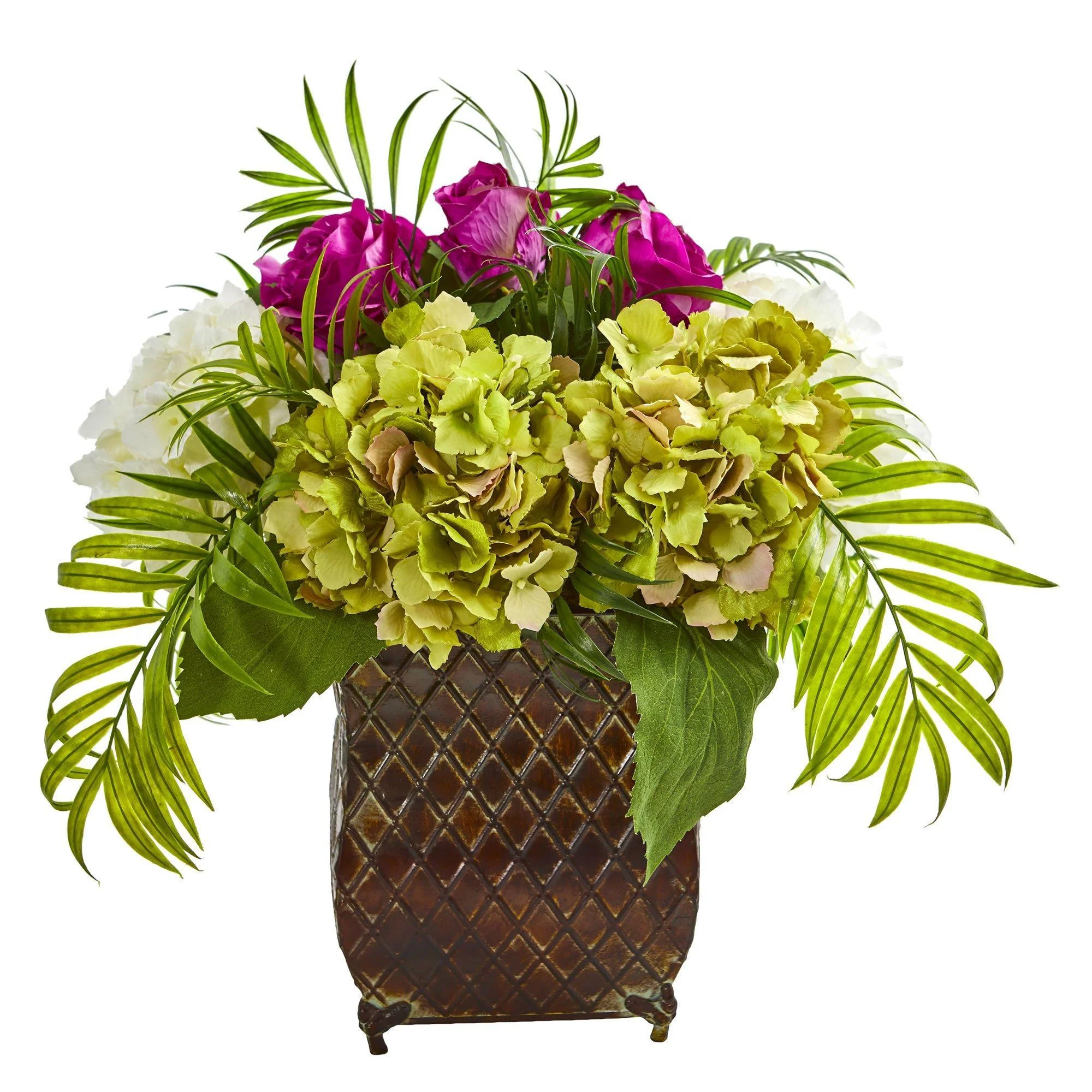 Roses and Hydrangea Artificial Arrangement in Metal Planter - Image 4
