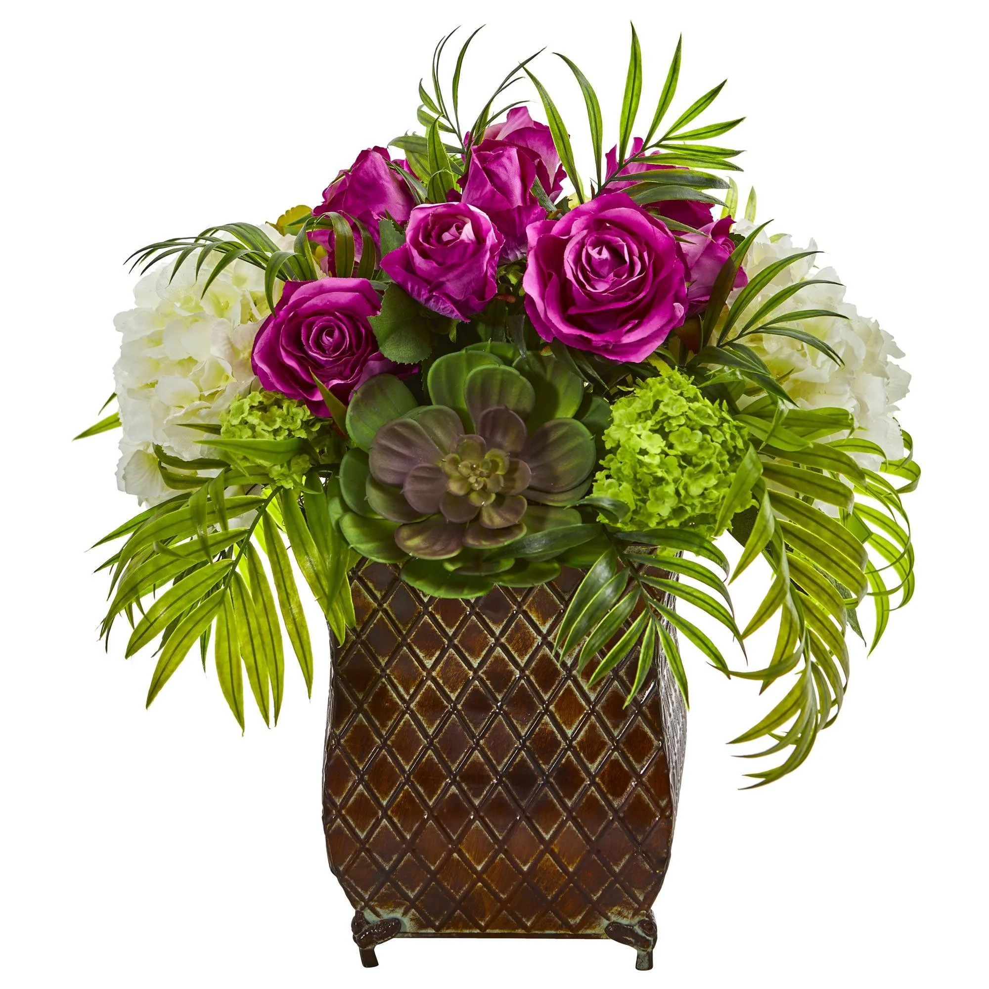 Roses and Hydrangea Artificial Arrangement in Metal Planter - Image 6