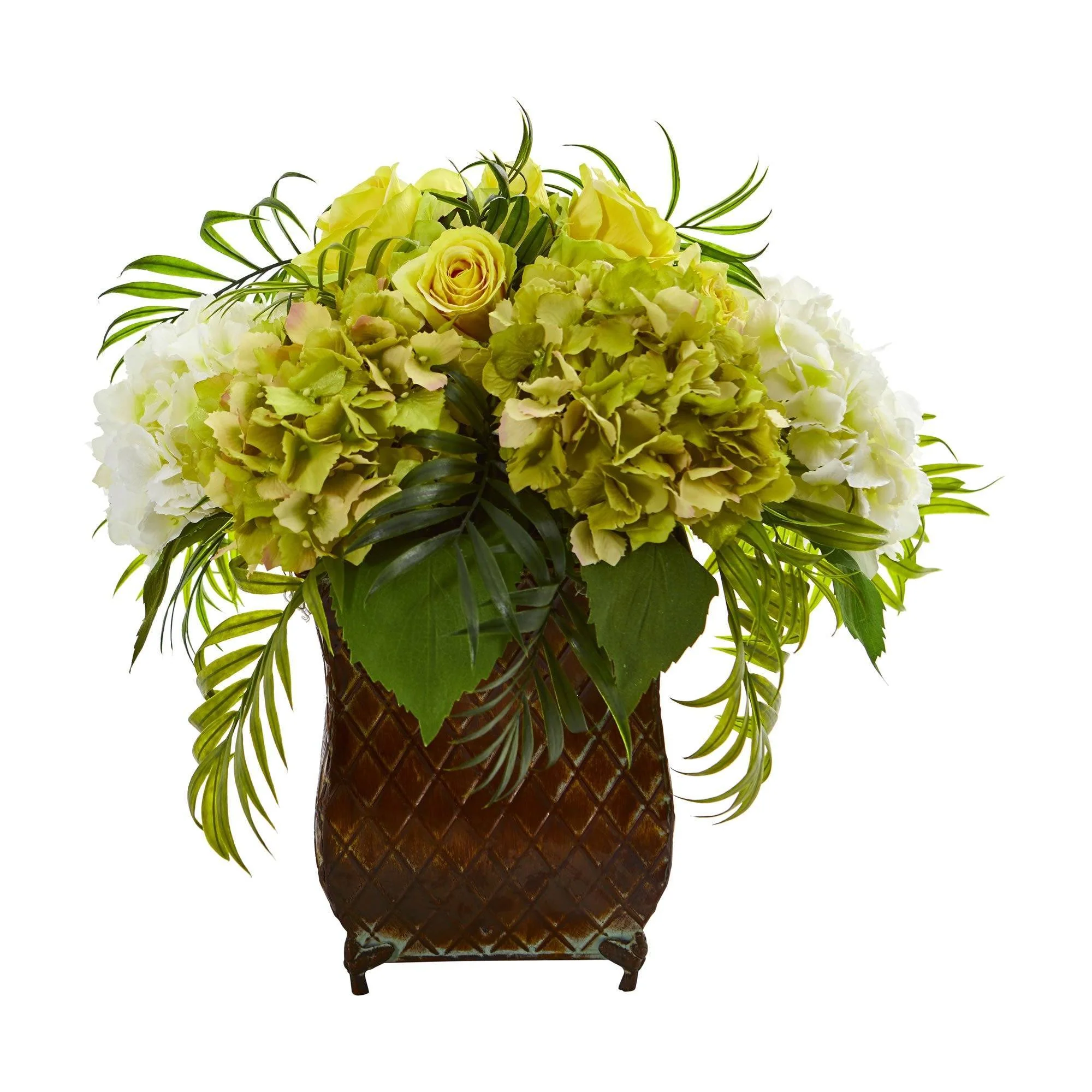 Roses and Hydrangea Artificial Arrangement in Metal Planter - Image 7