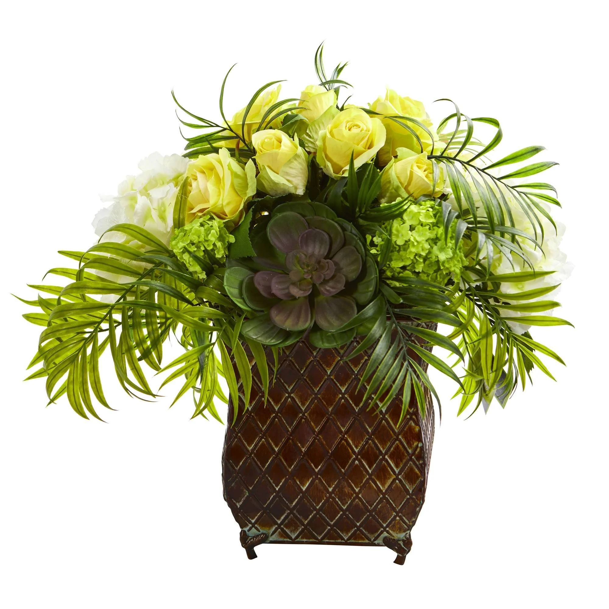 Roses and Hydrangea Artificial Arrangement in Metal Planter - Image 9