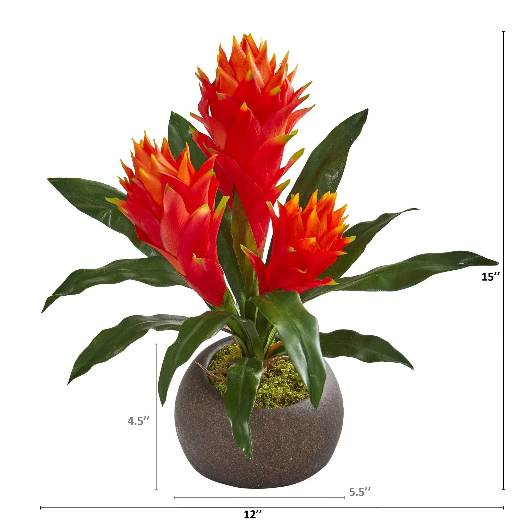 15” Triple Bromeliad Artificial Plant in Stone Planter - Image 2