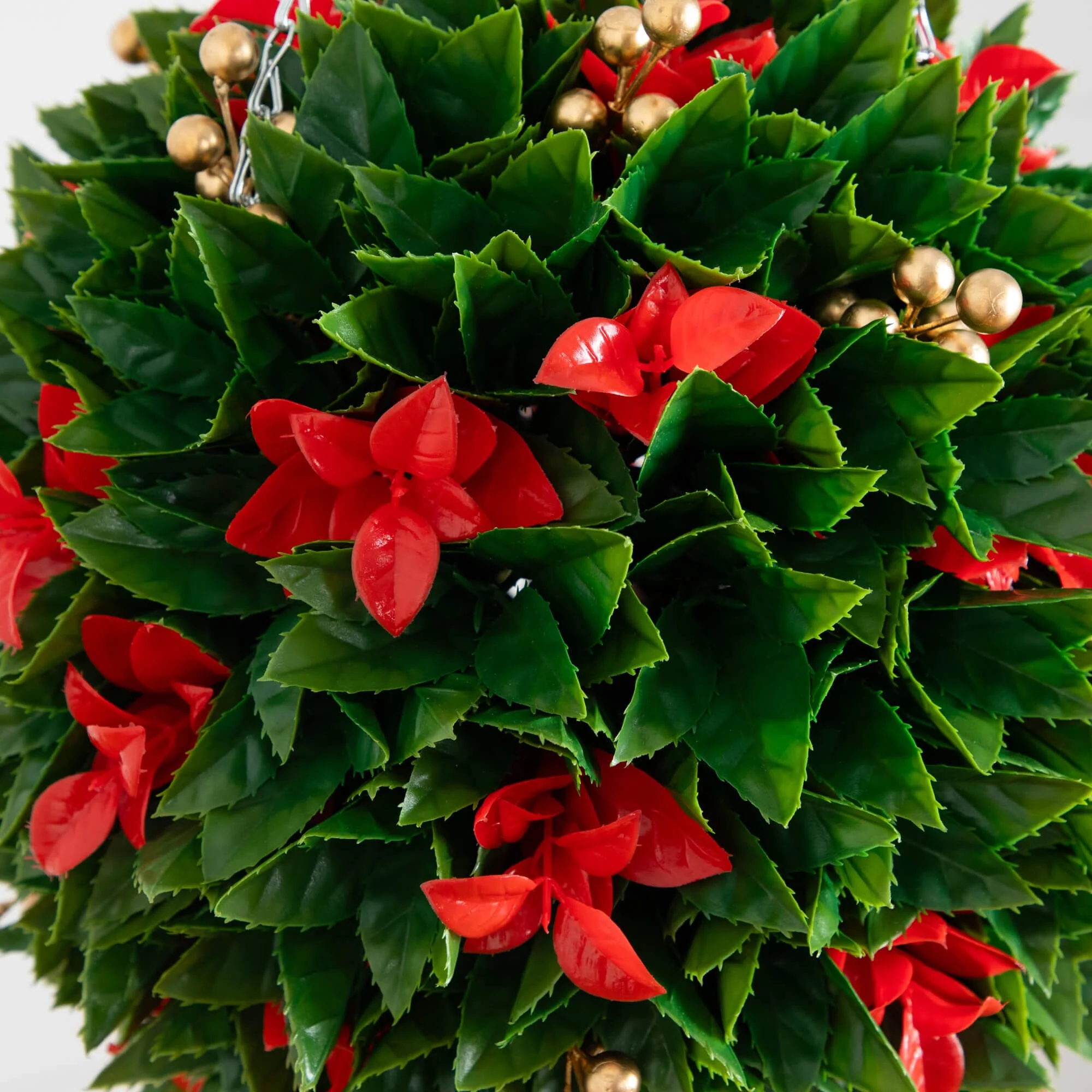 15" UV Resistant Artificial Red Tip Photinia Christmas Hanging Ball with Gold Berries (Indoor/Outdoor) - Image 2
