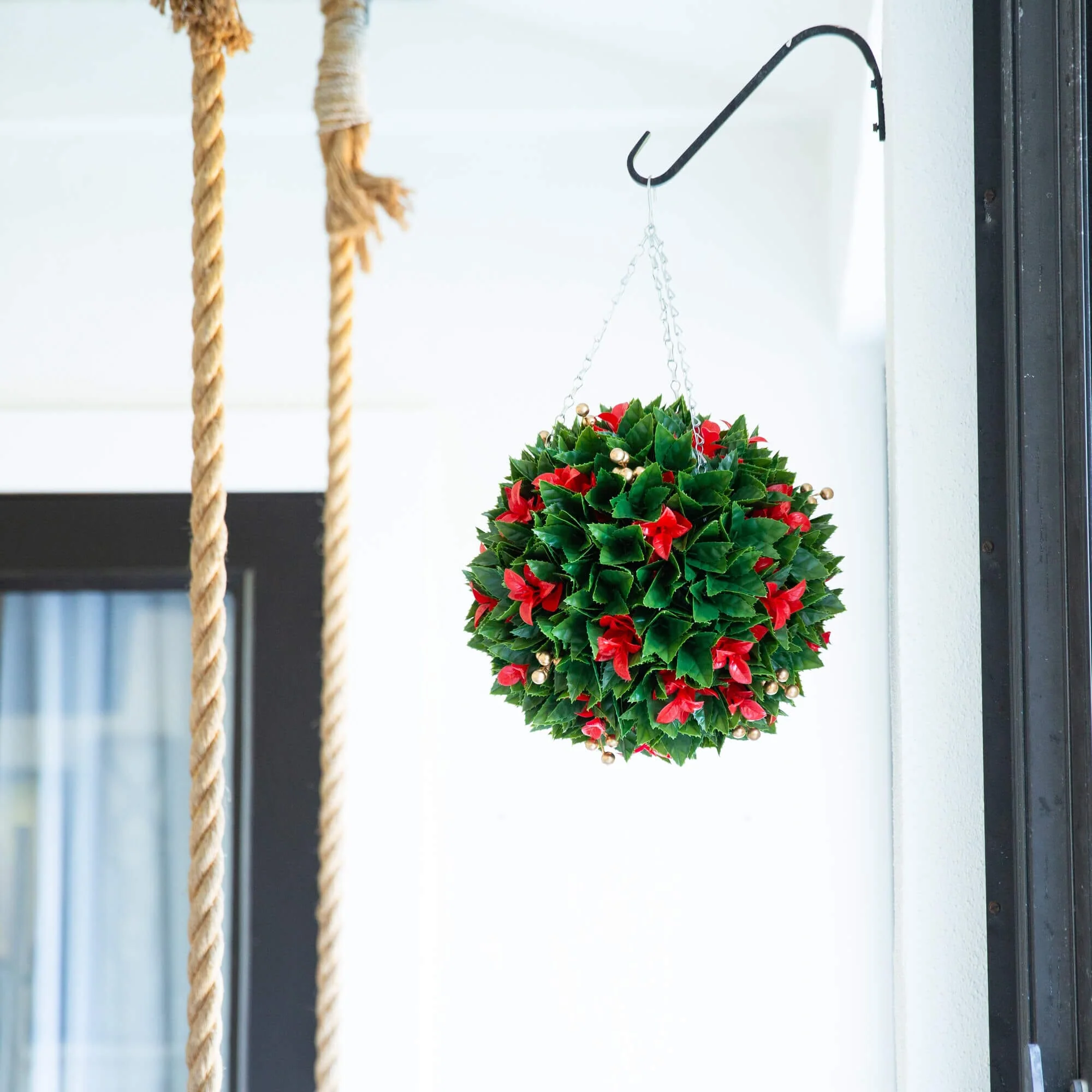 15" UV Resistant Artificial Red Tip Photinia Christmas Hanging Ball with Gold Berries (Indoor/Outdoor) - Image 3
