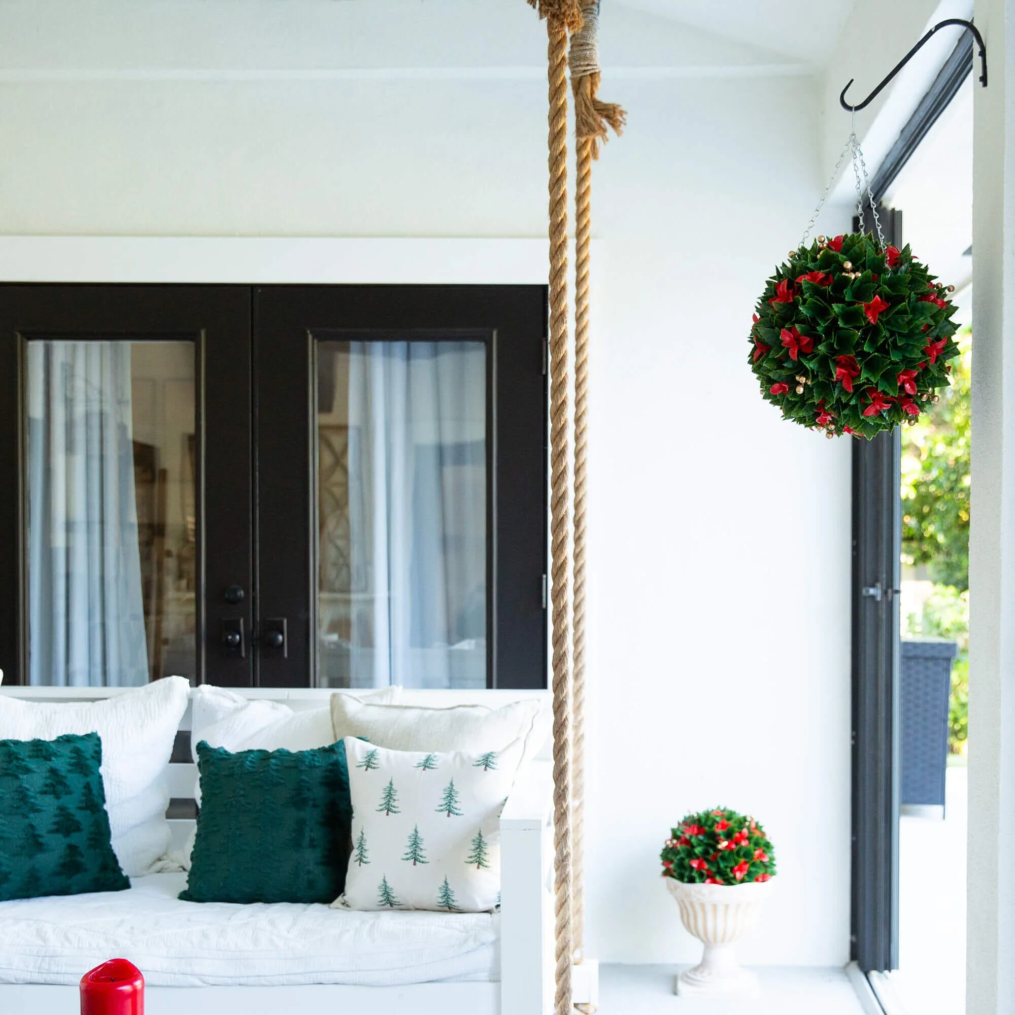 15" UV Resistant Artificial Red Tip Photinia Christmas Hanging Ball with Gold Berries (Indoor/Outdoor) - Image 4