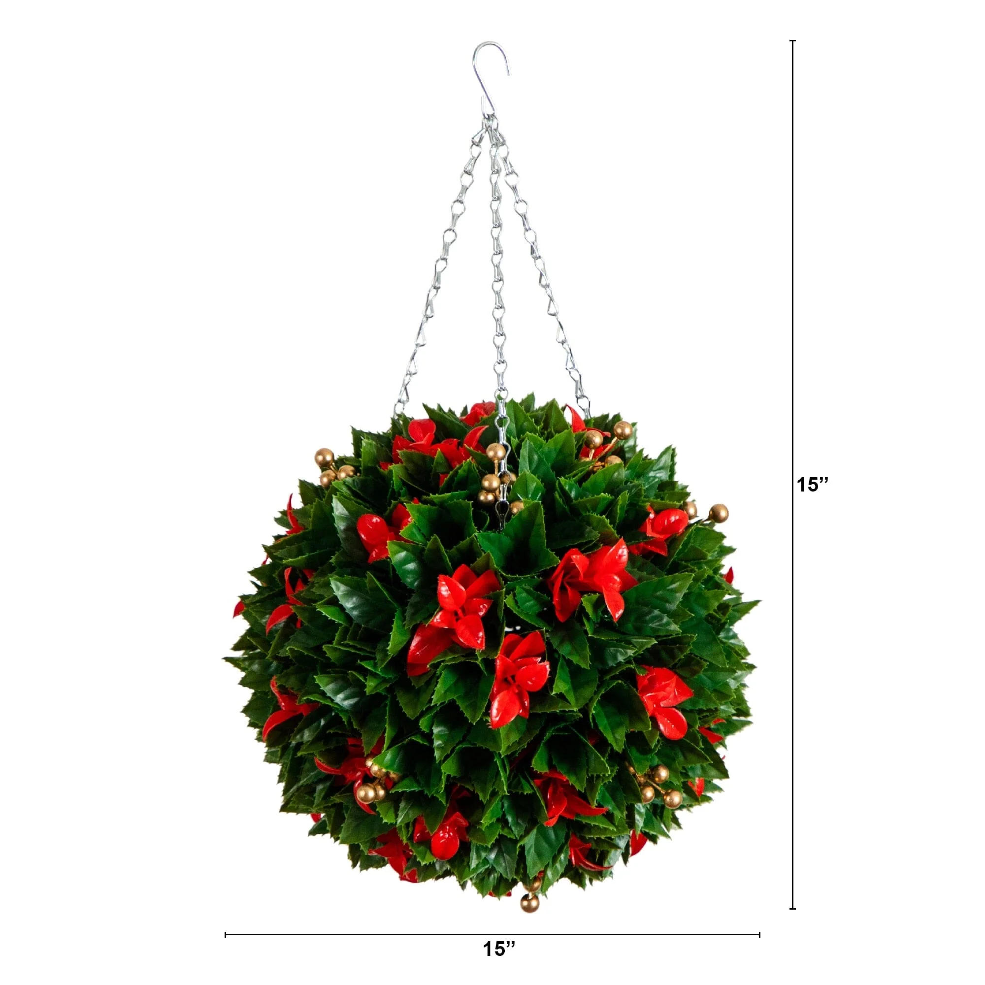 15" UV Resistant Artificial Red Tip Photinia Christmas Hanging Ball with Gold Berries (Indoor/Outdoor) - Image 6