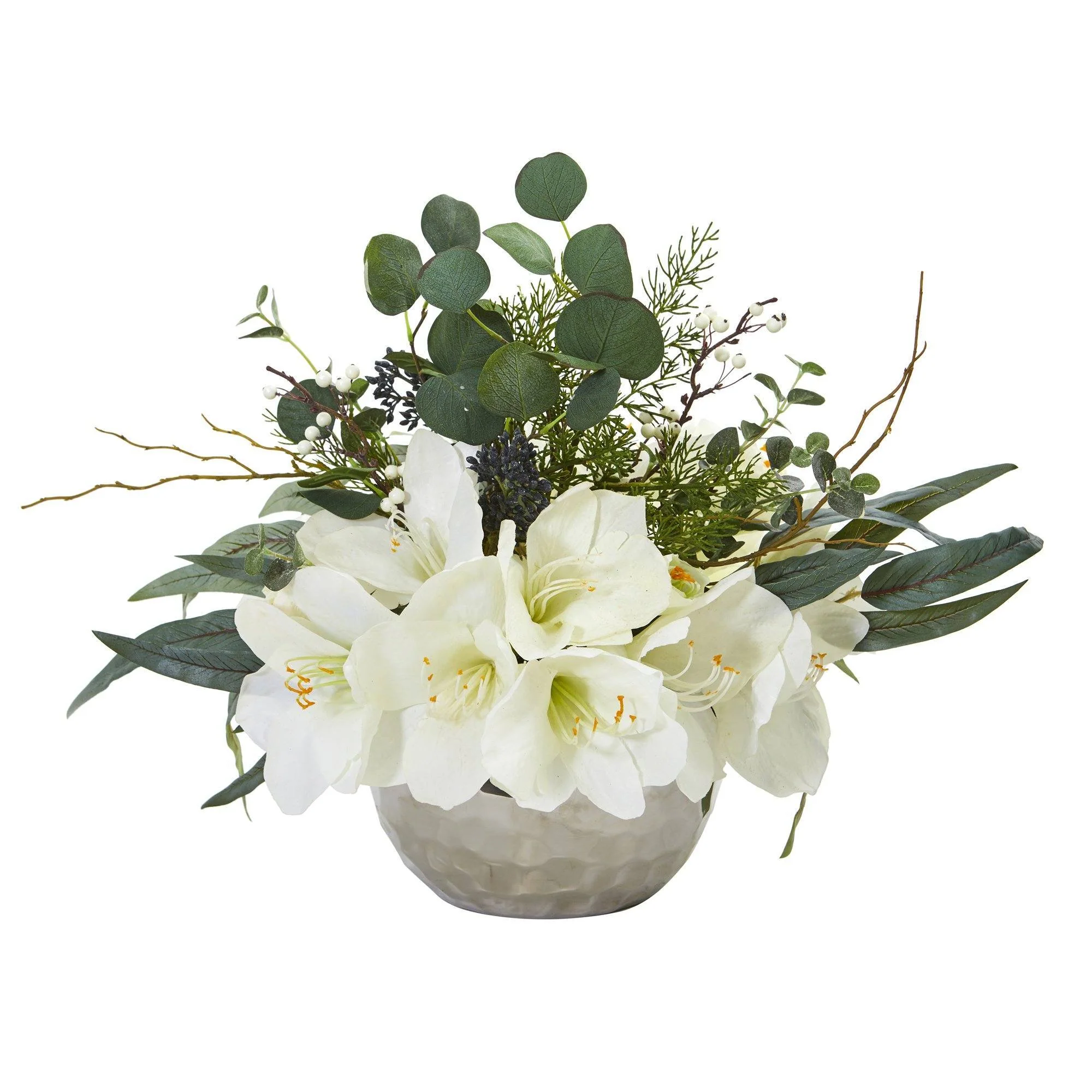 Amaryllis and Eucalyptus Artificial Arrangement in Silver Vase - Image 2