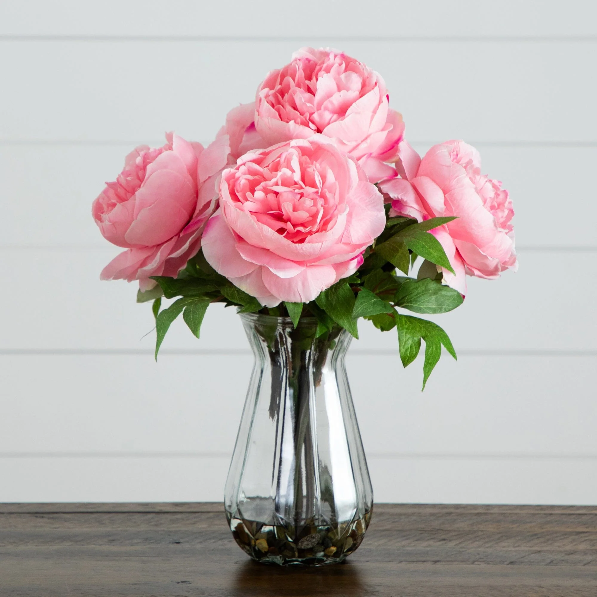 16" Artificial Pink Peony Arrangement in Glass Vase - Image 10