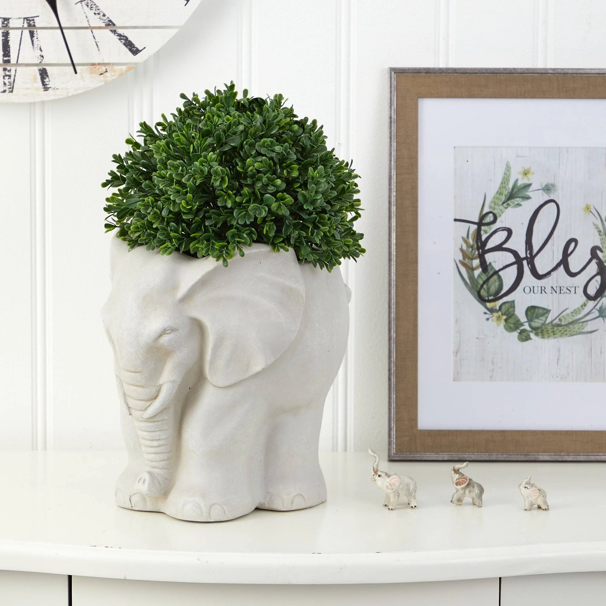 16” Boxwood Topiary Artificial Plant in Elephant Shaped Planter (Indoor/Outdoor) - Image 3