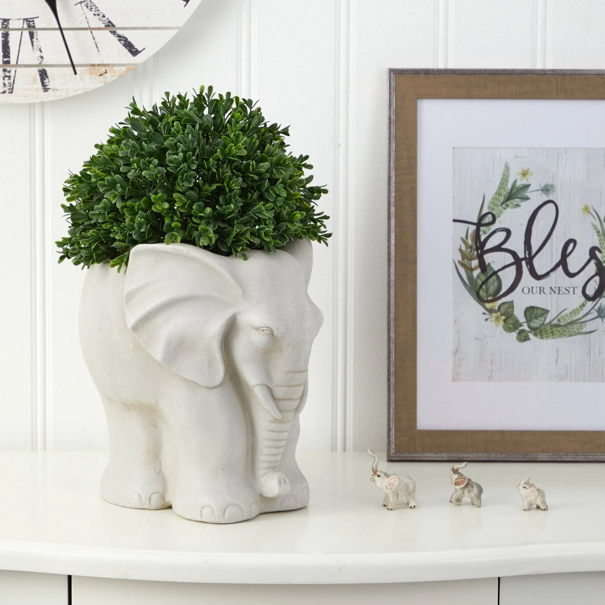 16” Boxwood Topiary Artificial Plant in Elephant Shaped Planter (Indoor/Outdoor) - Image 4