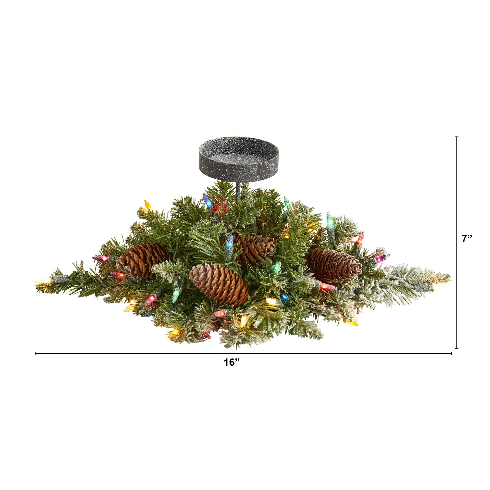 16” Flocked Artificial Christmas Pine Candelabrum with 35 Multicolored Lights and Pine Cones - Image 2