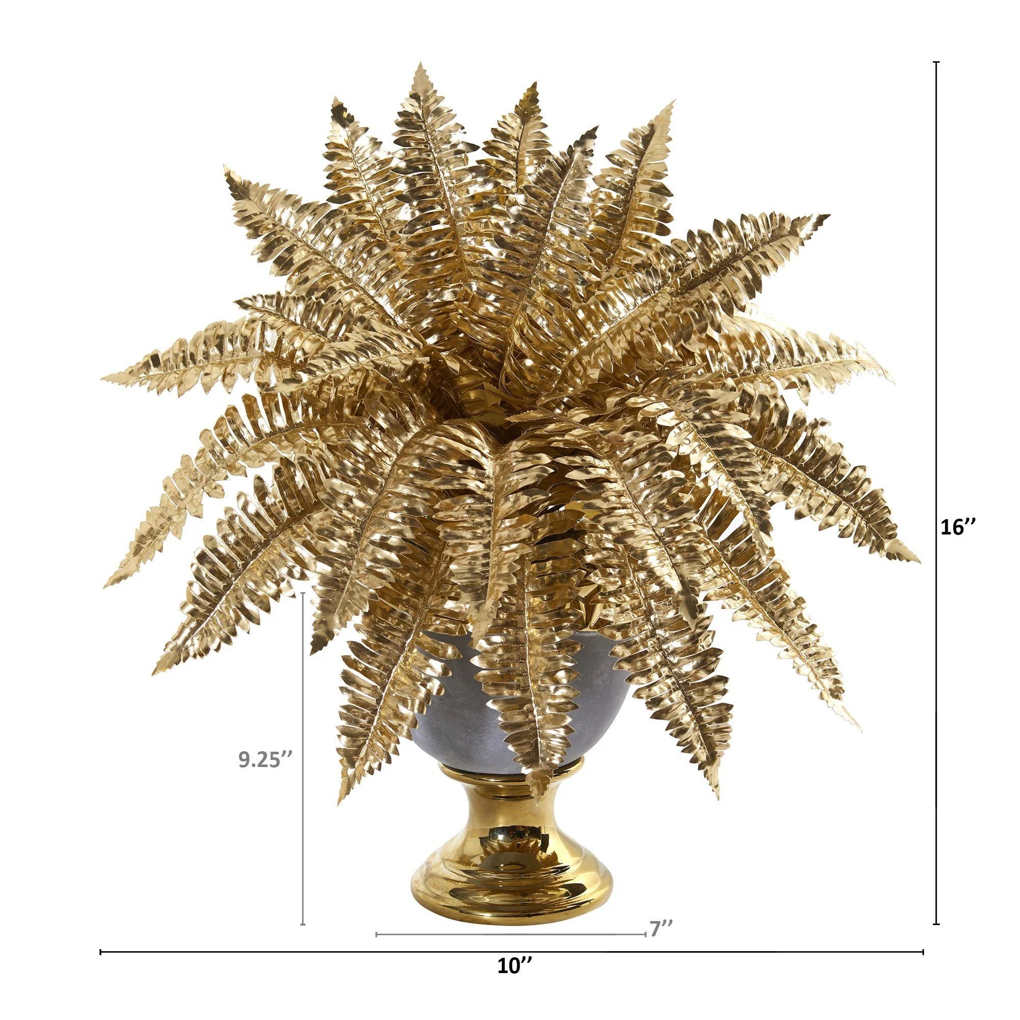 16” Golden Boston Fern Artificial Plant in Stoneware Urn with Gold Trimming - Image 2