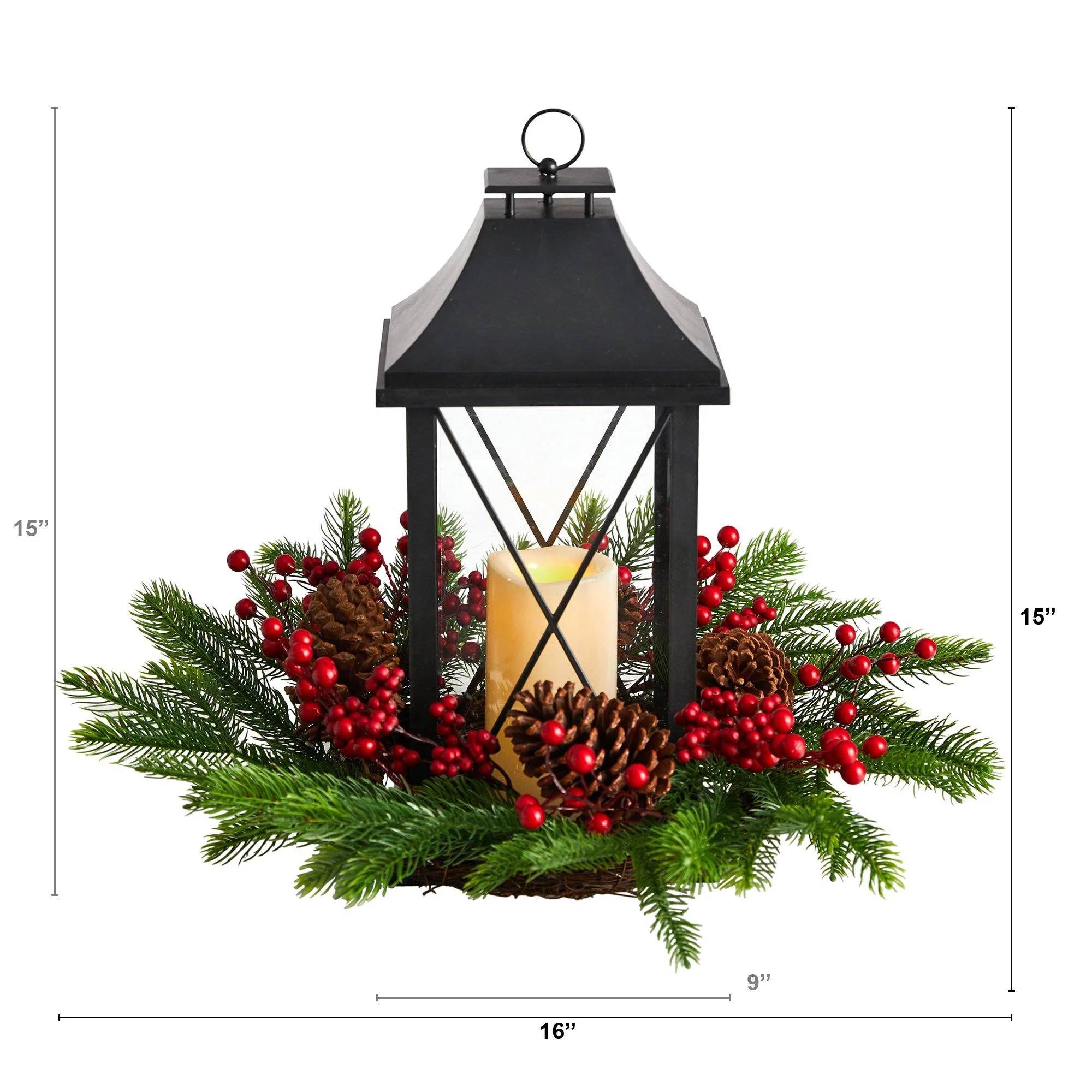 16" Holiday Berries, Pinecones and Greenery with Lantern and Included LED Candle Table Arrangement" - Image 2
