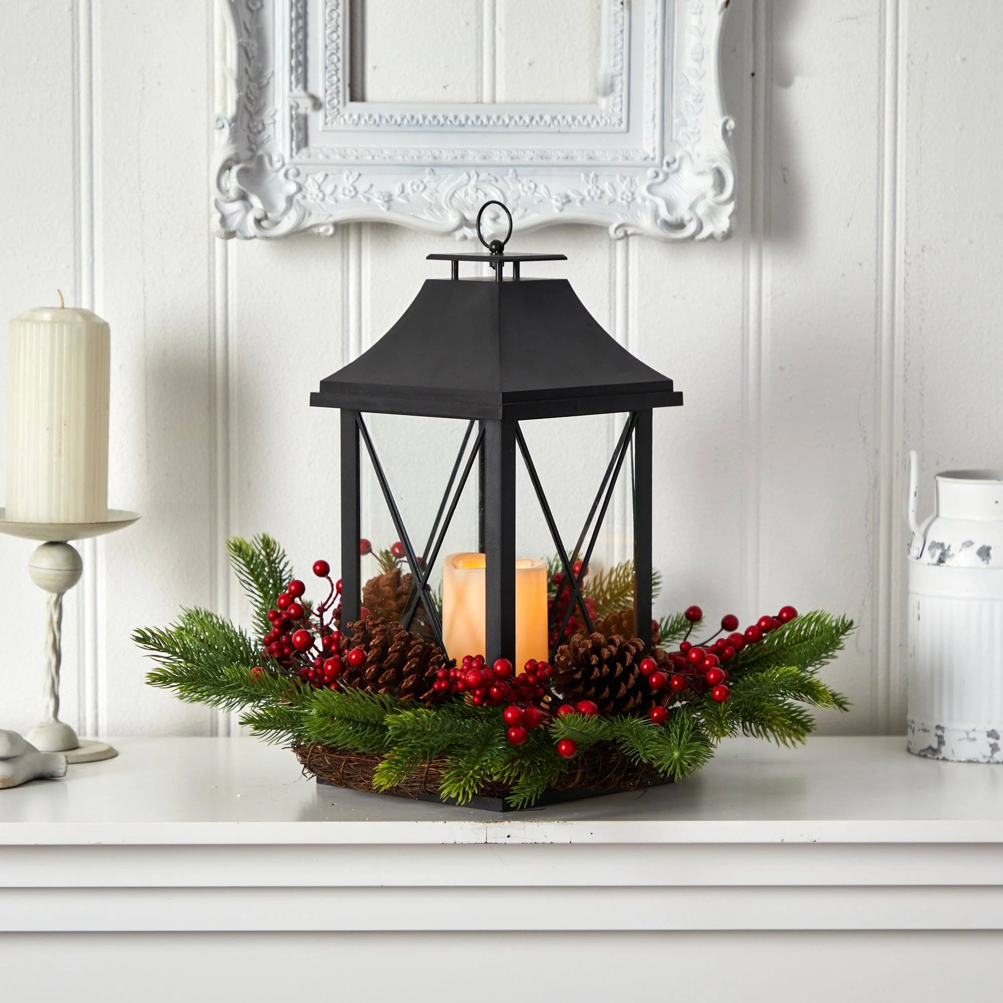 16" Holiday Berries, Pinecones and Greenery with Lantern and Included LED Candle Table Arrangement" - Image 3