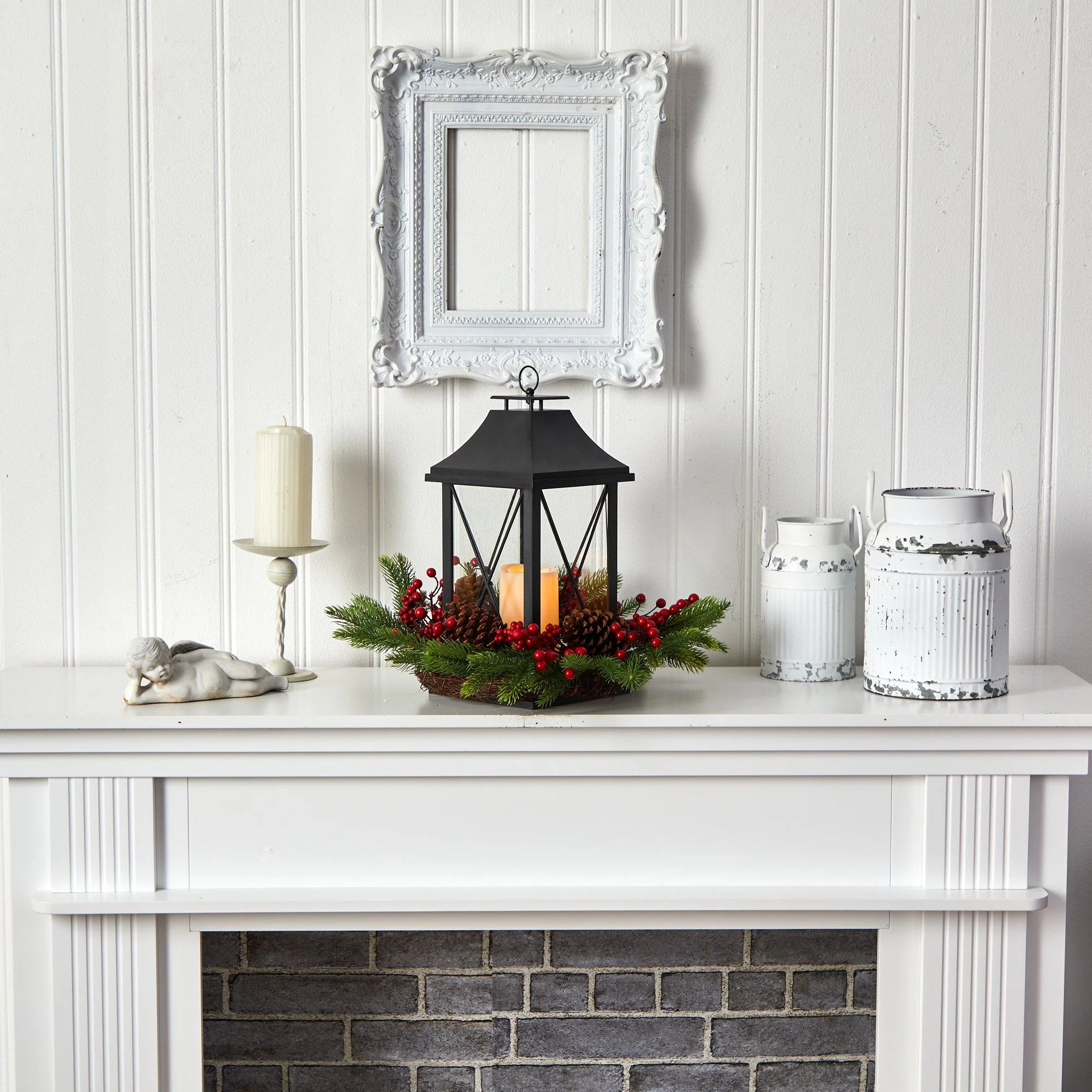 16" Holiday Berries, Pinecones and Greenery with Lantern and Included LED Candle Table Arrangement" - Image 4