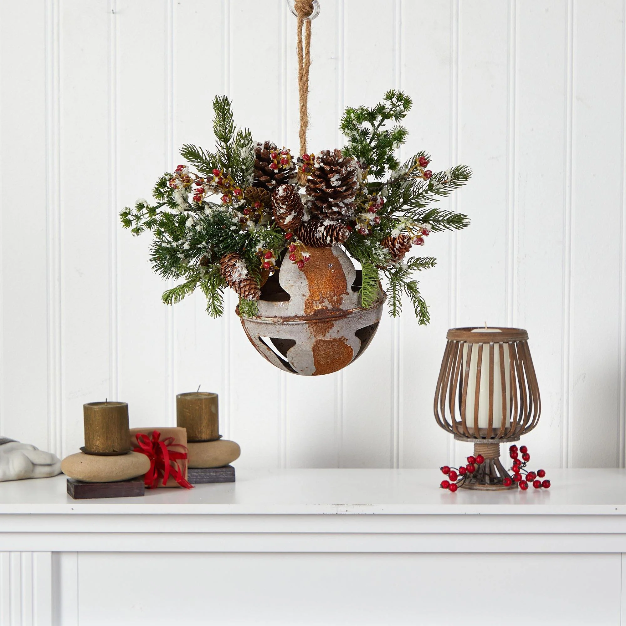 16” Holiday Christmas Jumbo Metal Bell Ornament with Artificial Holly, Berries and Pine - Image 4