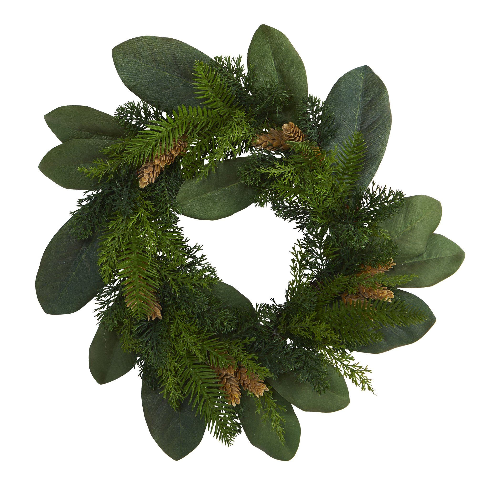 16” Magnolia Leaf and Mixed Pine Artificial Wreath with Pine Cones - Image 5