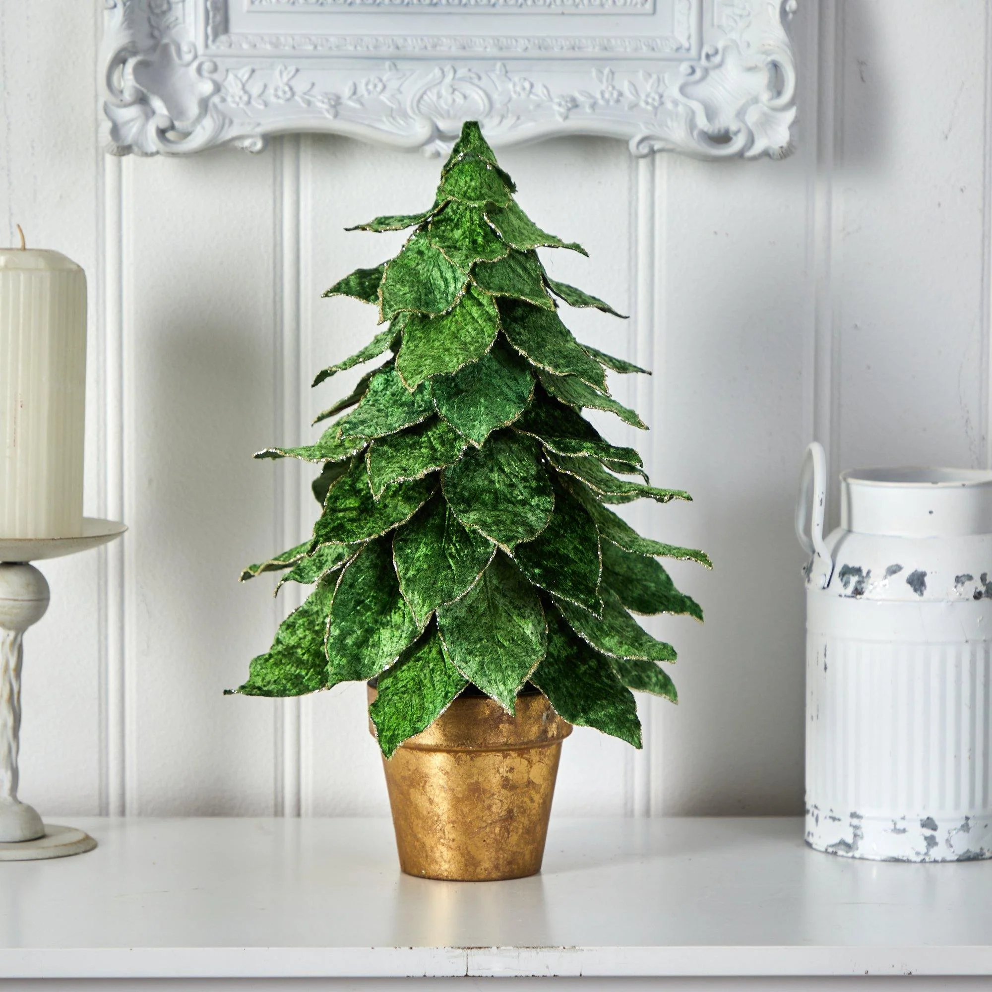 16” Mini Velvet Artificial Christmas Tree in Golden Planter - Image 3