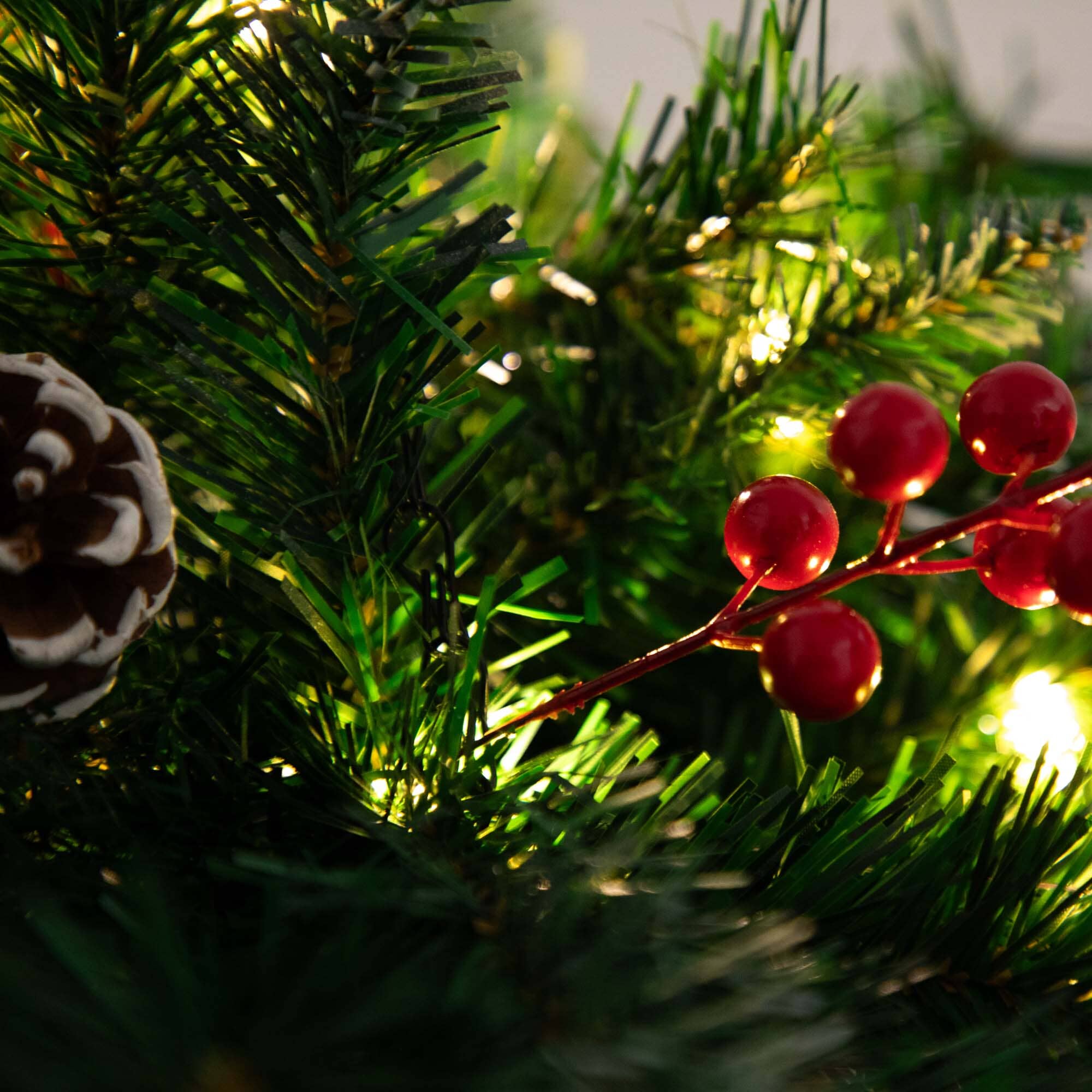 16” Pre-Lit Artificial Pine & Berry Hanging Basket with White LED Lights - Image 2