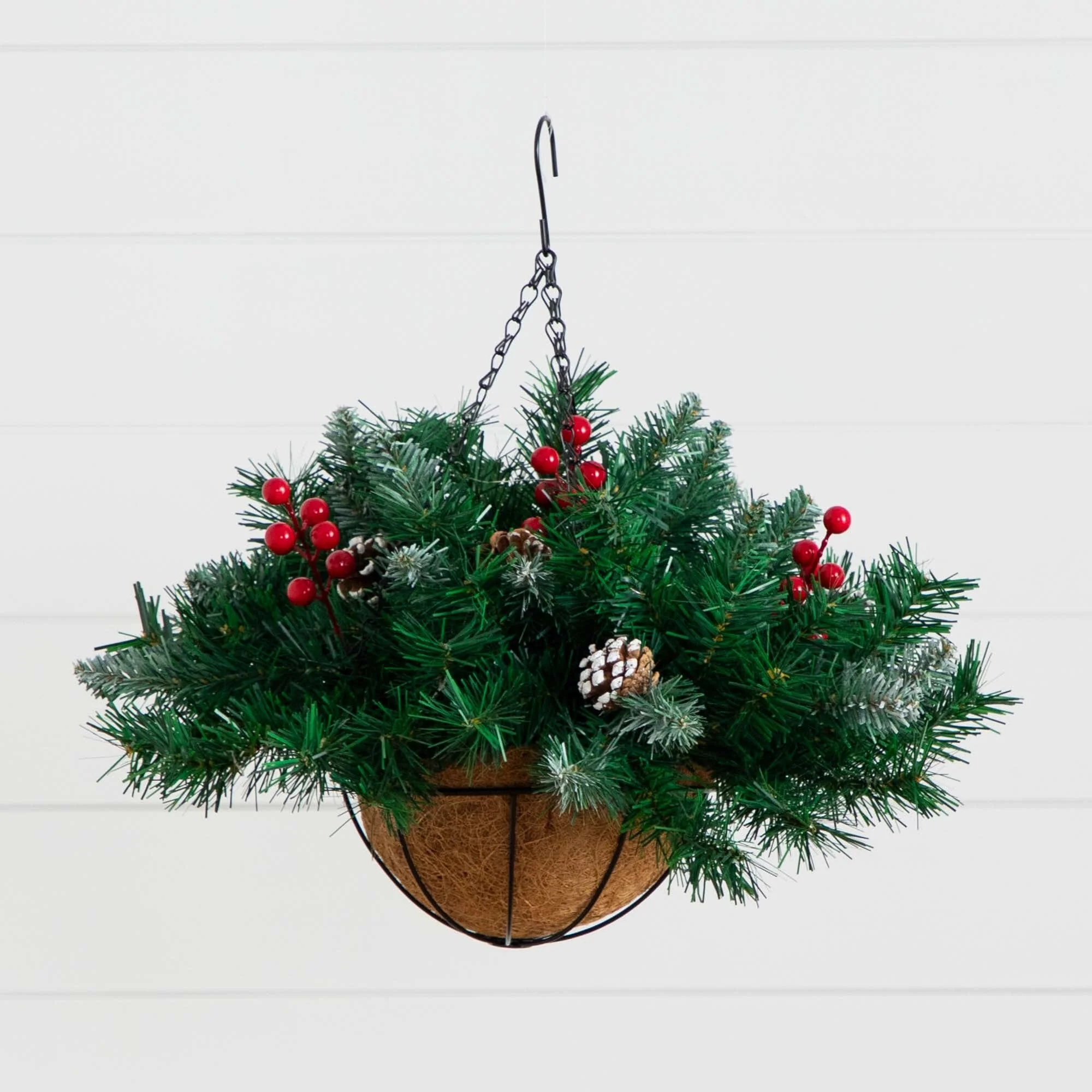 16” Pre-Lit Artificial Pine & Berry Hanging Basket with White LED Lights - Image 4