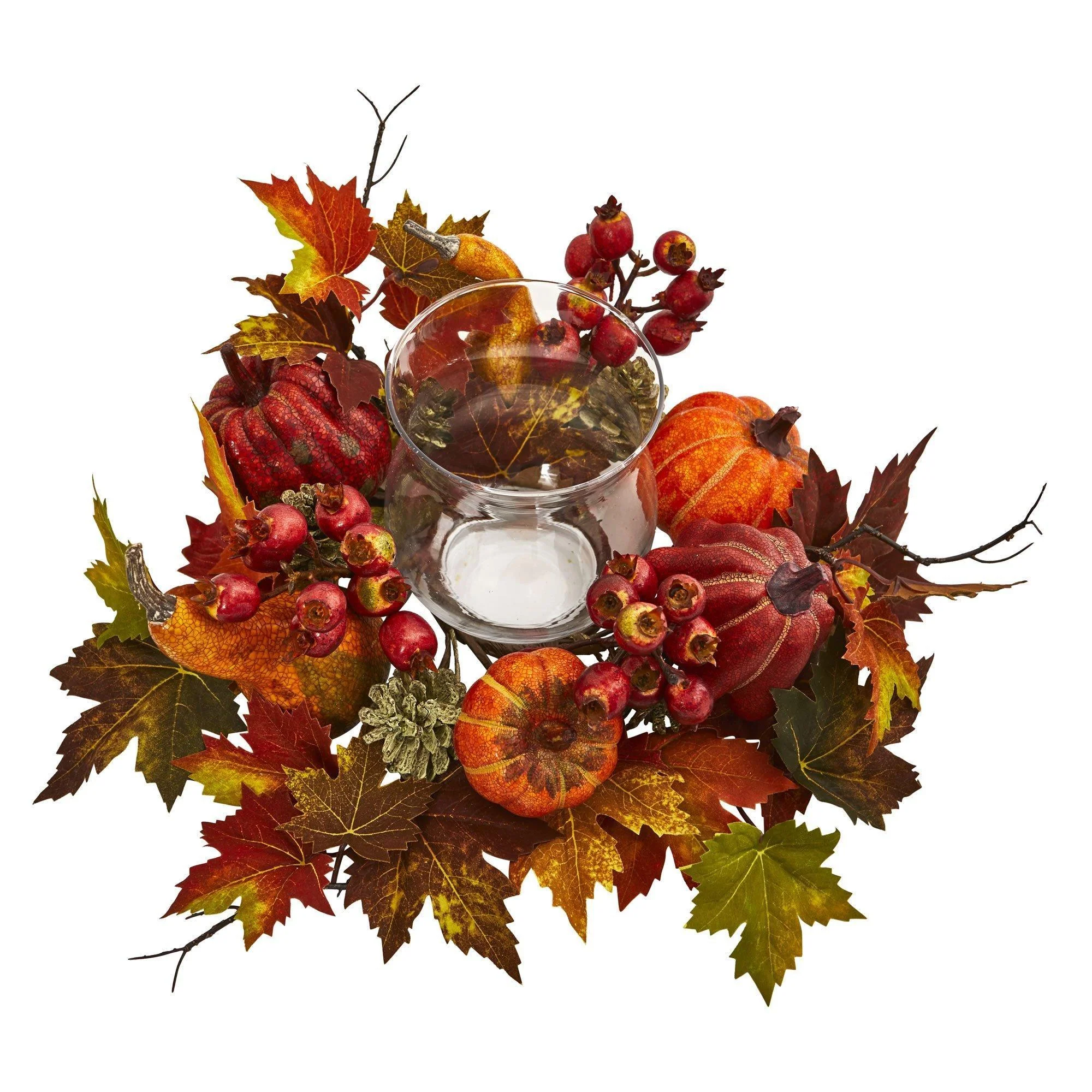 8" Pumpkin, Gourd, Berry and Maple Leaf Artificial Arrangement Candelabrum" - Image 2