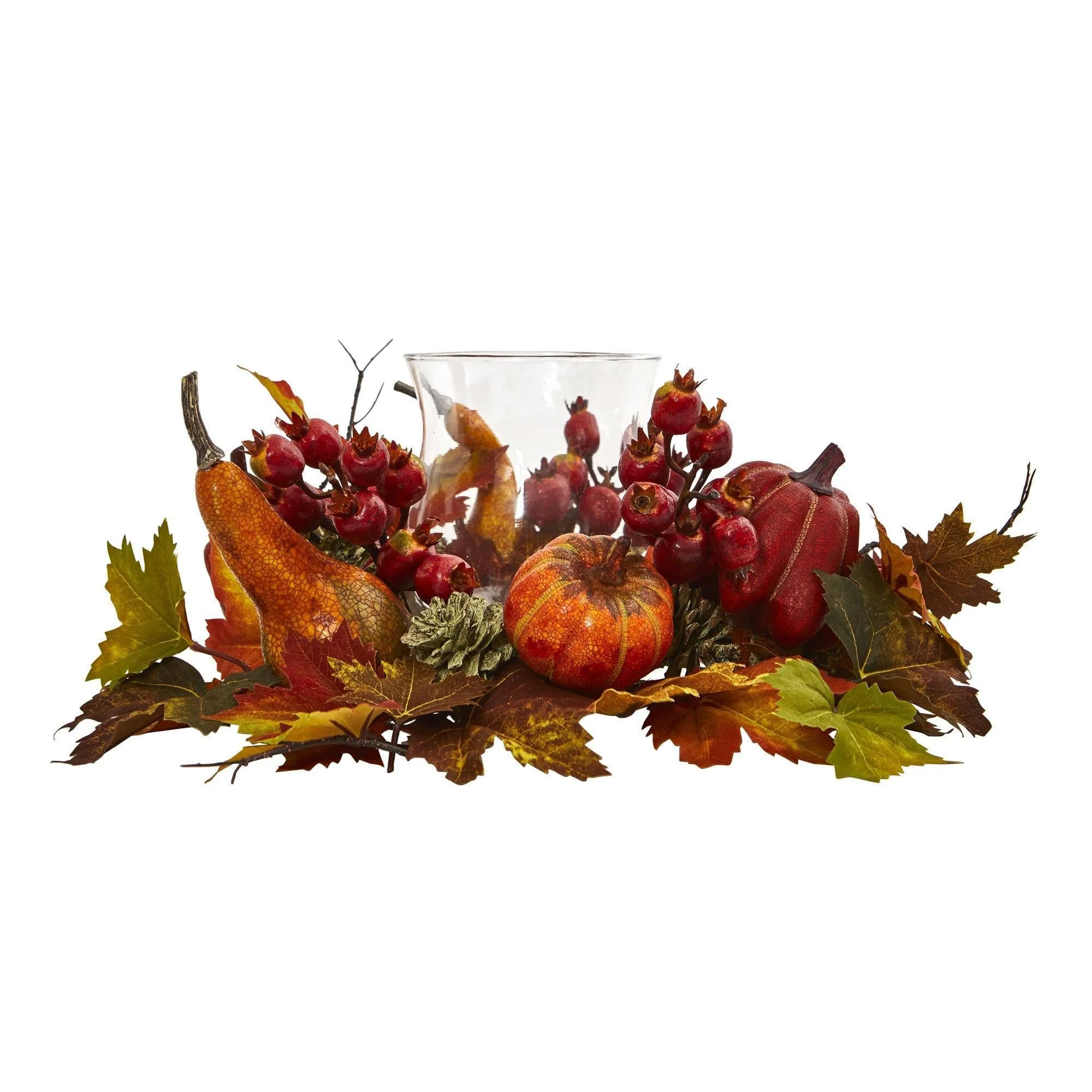 8" Pumpkin, Gourd, Berry and Maple Leaf Artificial Arrangement Candelabrum" - Image 3