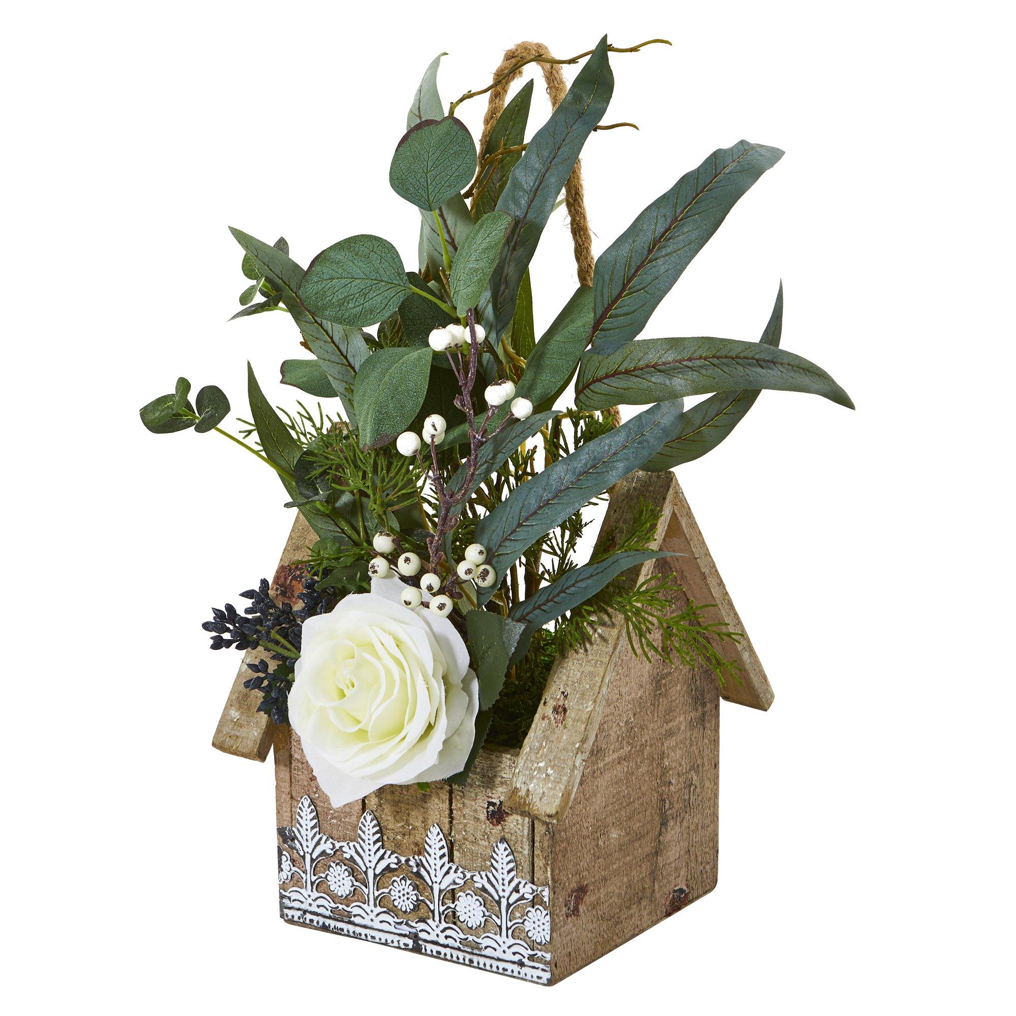 16” Rose and Eucalyptus Artificial Arrangement in Hanging Floral Design House Planter - Image 3
