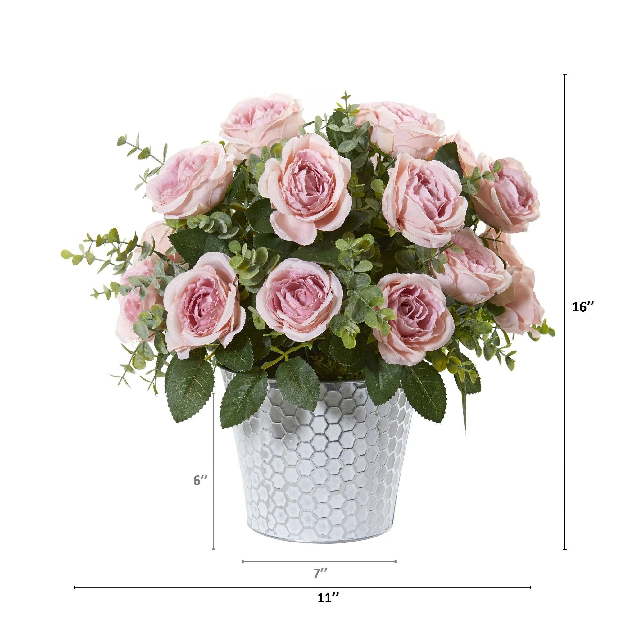 16” Rose and Eucalyptus Artificial Arrangement in Tin Vase - Image 4