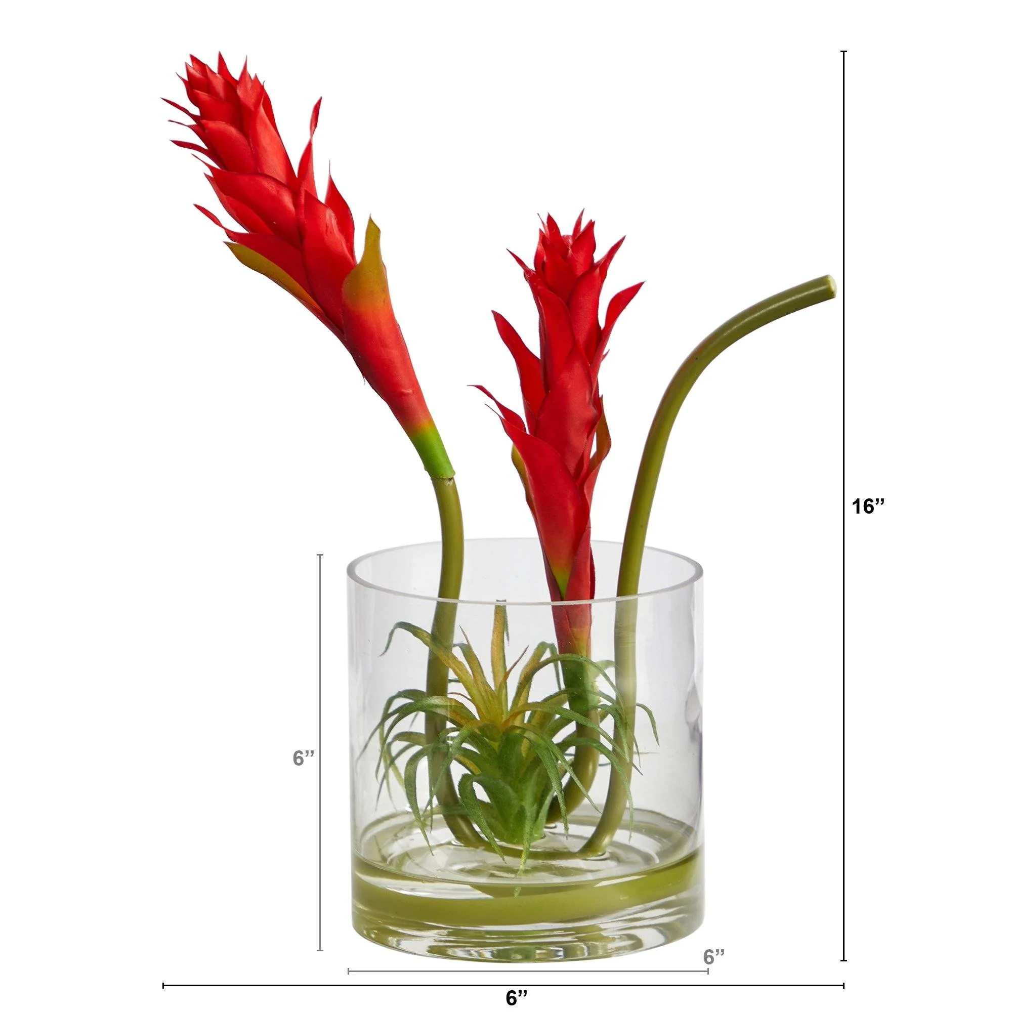 16” Star Bromeliad Artificial Arrangement in Cylinder Glass Vase - Image 2