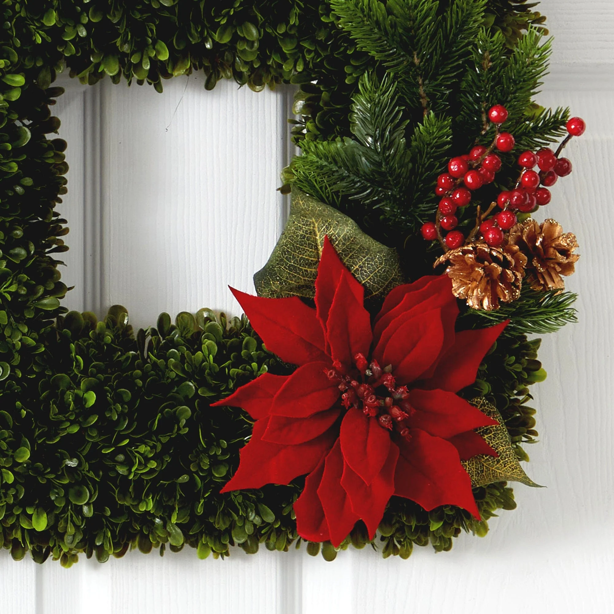 16” Tea Leaf and Poinsettia Artificial Square Wreath - Image 2