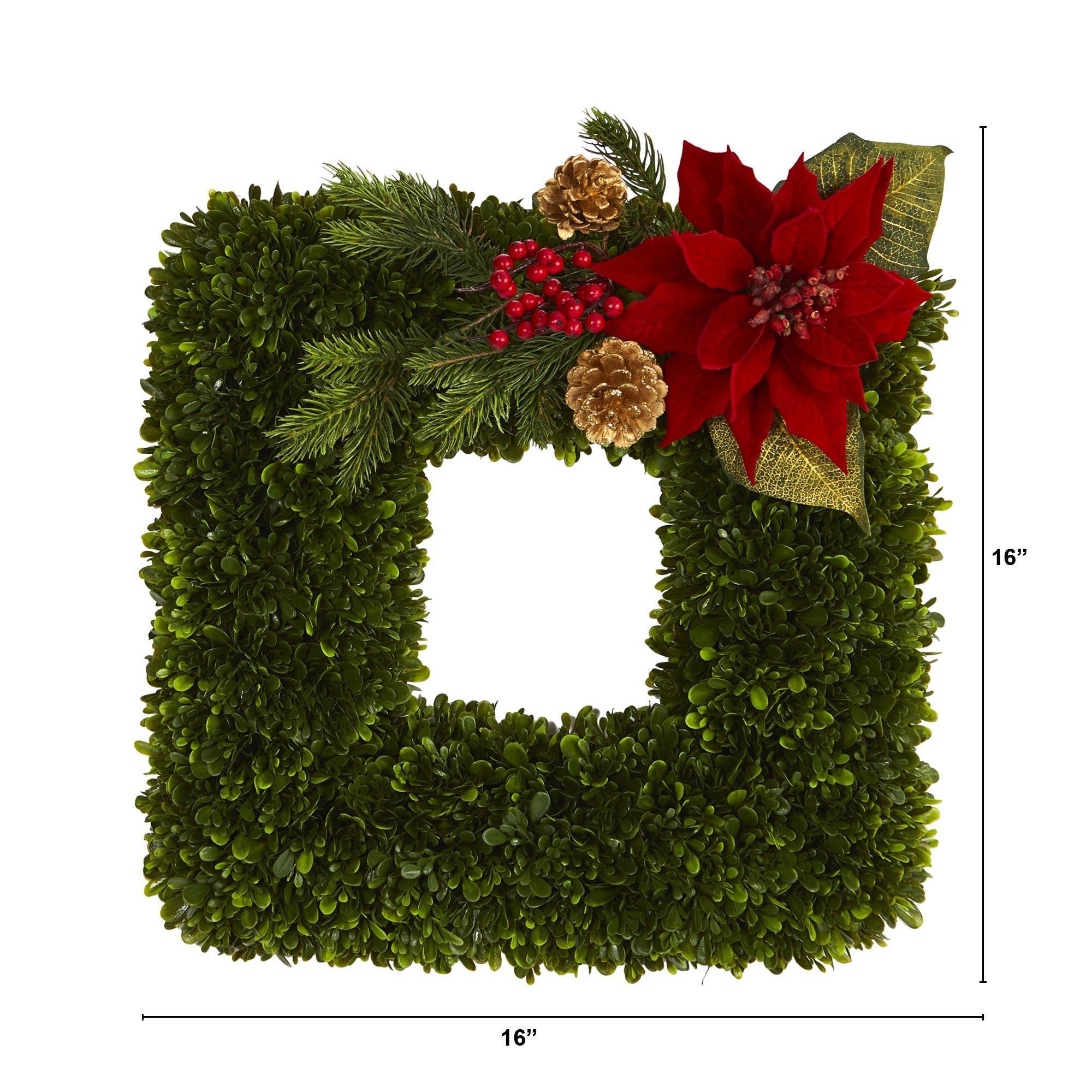 16” Tea Leaf and Poinsettia Artificial Square Wreath - Image 3
