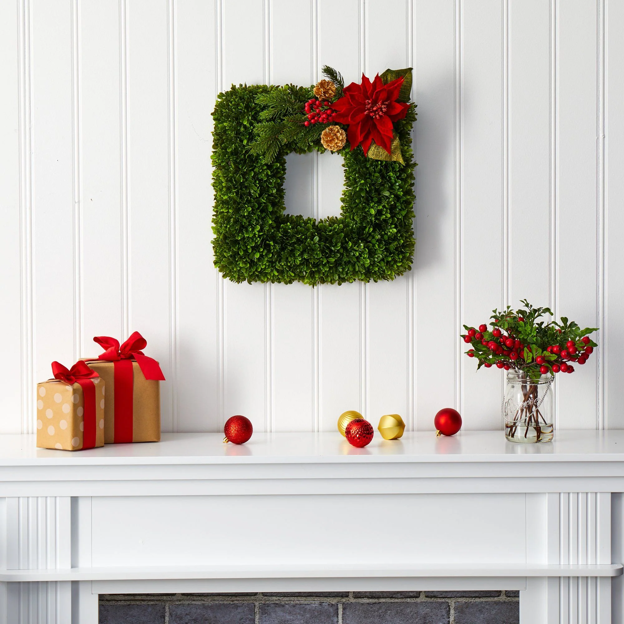 16” Tea Leaf and Poinsettia Artificial Square Wreath - Image 4