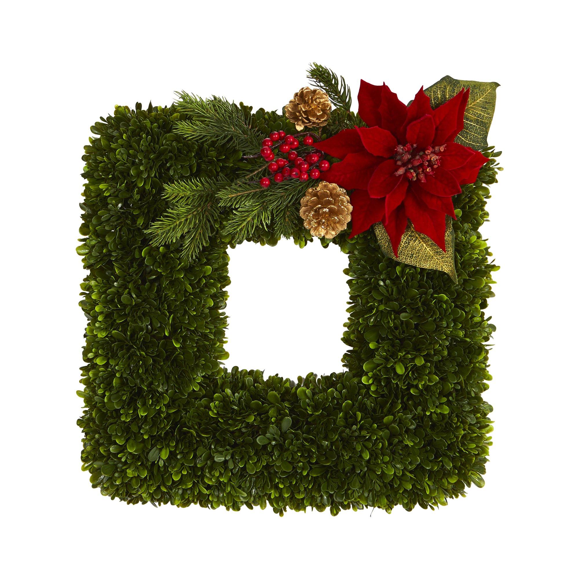 16” Tea Leaf and Poinsettia Artificial Square Wreath - Image 5