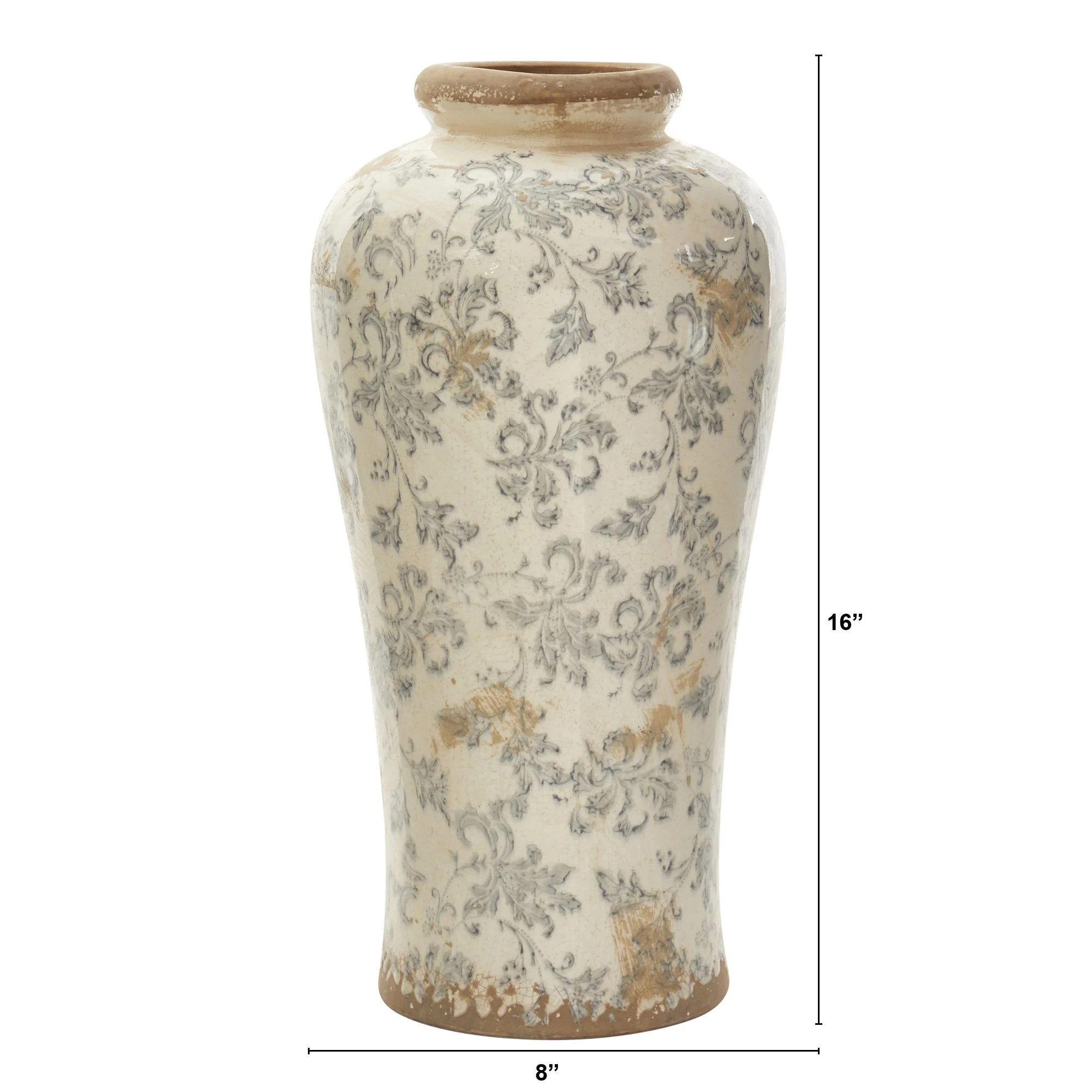 16” Tuscan Ceramic Floral Scroll Urn Vase - Image 3
