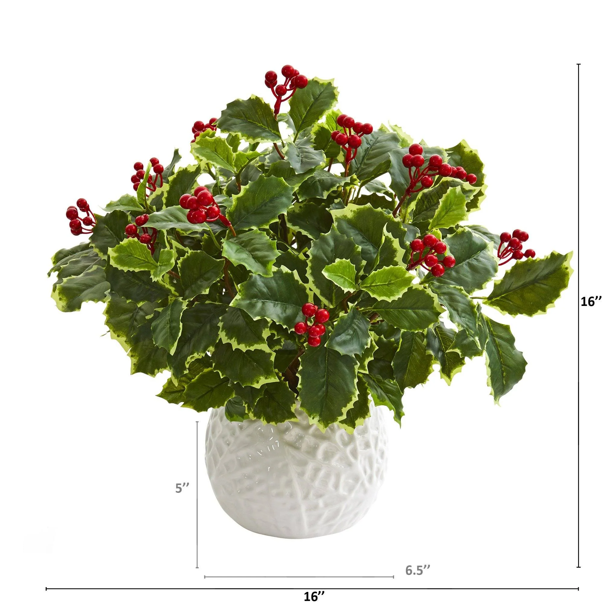 16” Variegated Holly Artificial Plant in White Planter (Real Touch) - Image 2