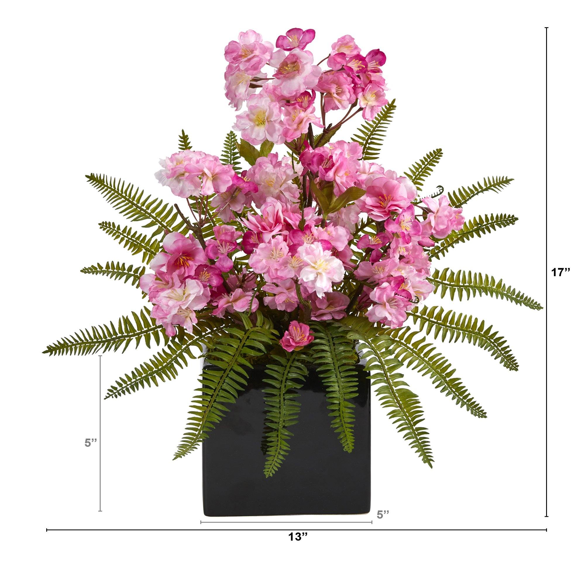 17” Cherry Blossom and Fern Artificial Arrangement in Black Vase - Image 3