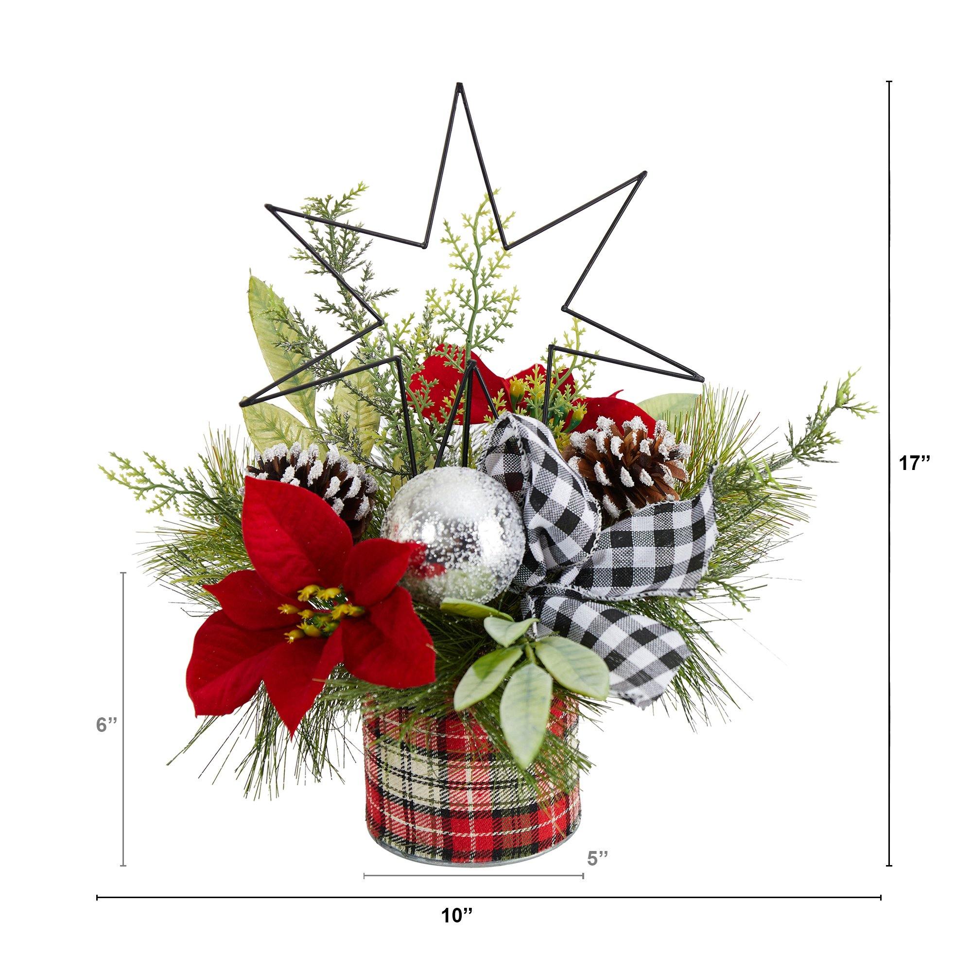 17” Holiday Winter Poinsettia, Greenery and Pinecones with North Star Plaid Table Arrangement - Image 2